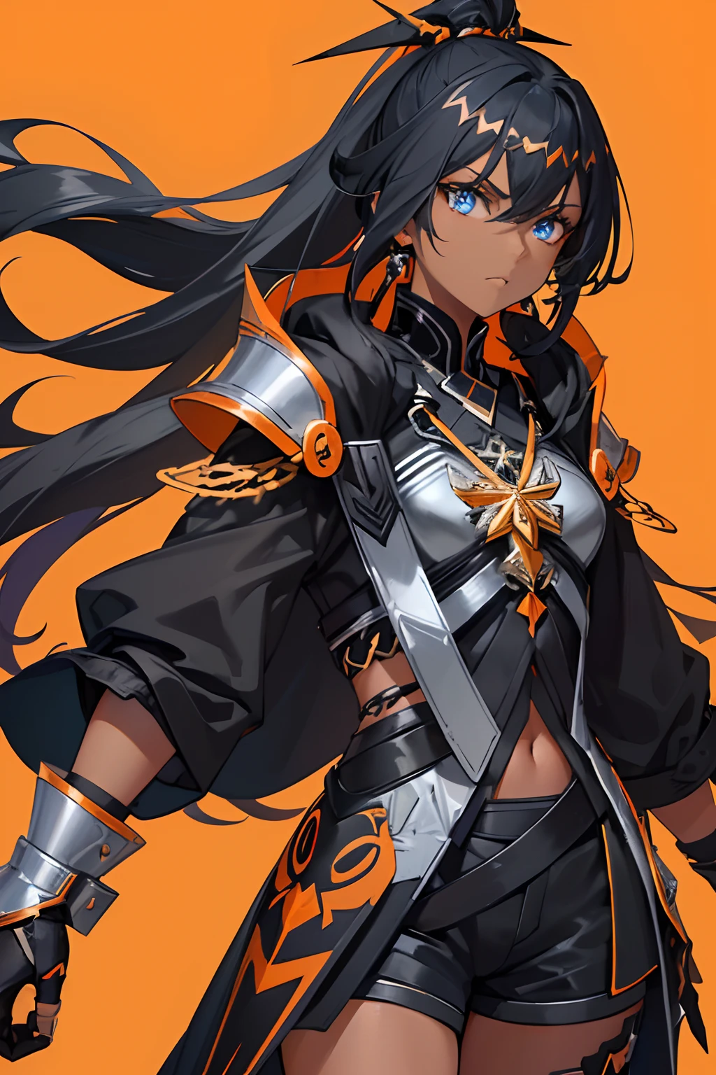 1girl , (((Dark Skin)))), Black Hair with Ponytail, (((Blue Eyes))), ((Black Metallic Gauntlets and Greaves with Orange and Silver Highlights)), (((The Clothes Have a Mix of Modern and Tribal))), (((The Clothes Have a Mix of Modern and Tribal))), having mostly the color black, but having parts in orange, shoulders exposed, at the hip a shorts that extend to half of the thigh of black color. ((Black Overcoat with a orange inner part)) absurd res, best res, high res, best face, best eyes