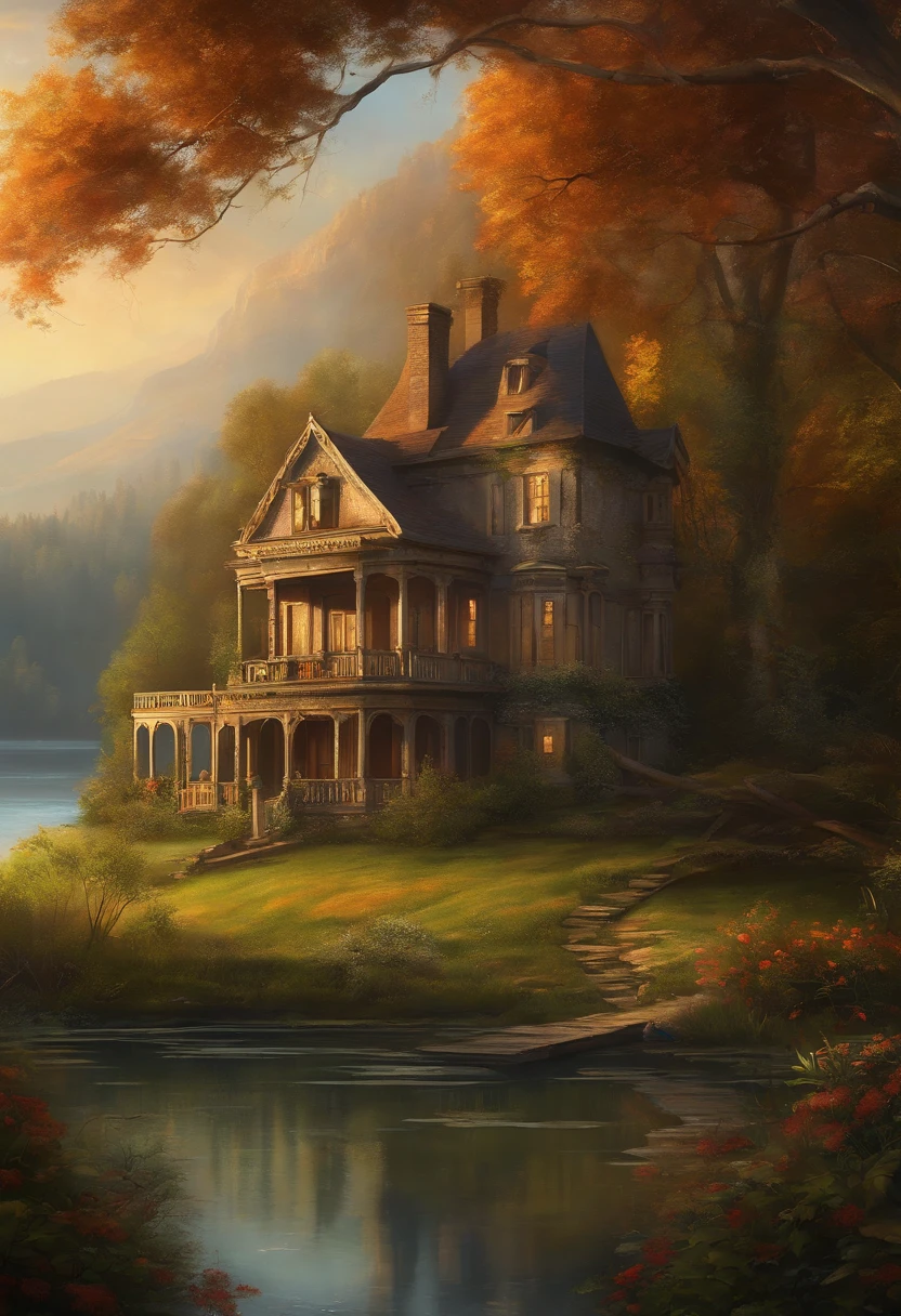 Abandoned house by the lake,Landscape, water, (Papel de parede 8k da unidade CG extremamente detalhada), as mais belas obras de arte do mundo, Majestic oil painting professional, intrincado, High detail, foco nítido, Dramatic and photorealistic painting art Anja