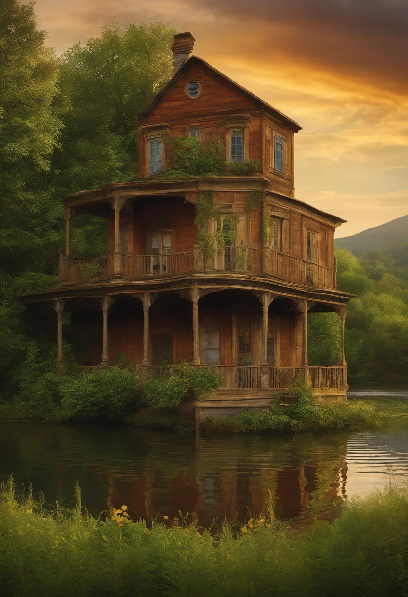Abandoned house by the lake,Landscape, water, (Papel de parede 8k da unidade CG extremamente detalhada), as mais belas obras de arte do mundo, Majestic oil painting professional, intrincado, High detail, foco nítido, Dramatic and photorealistic painting art Anja
