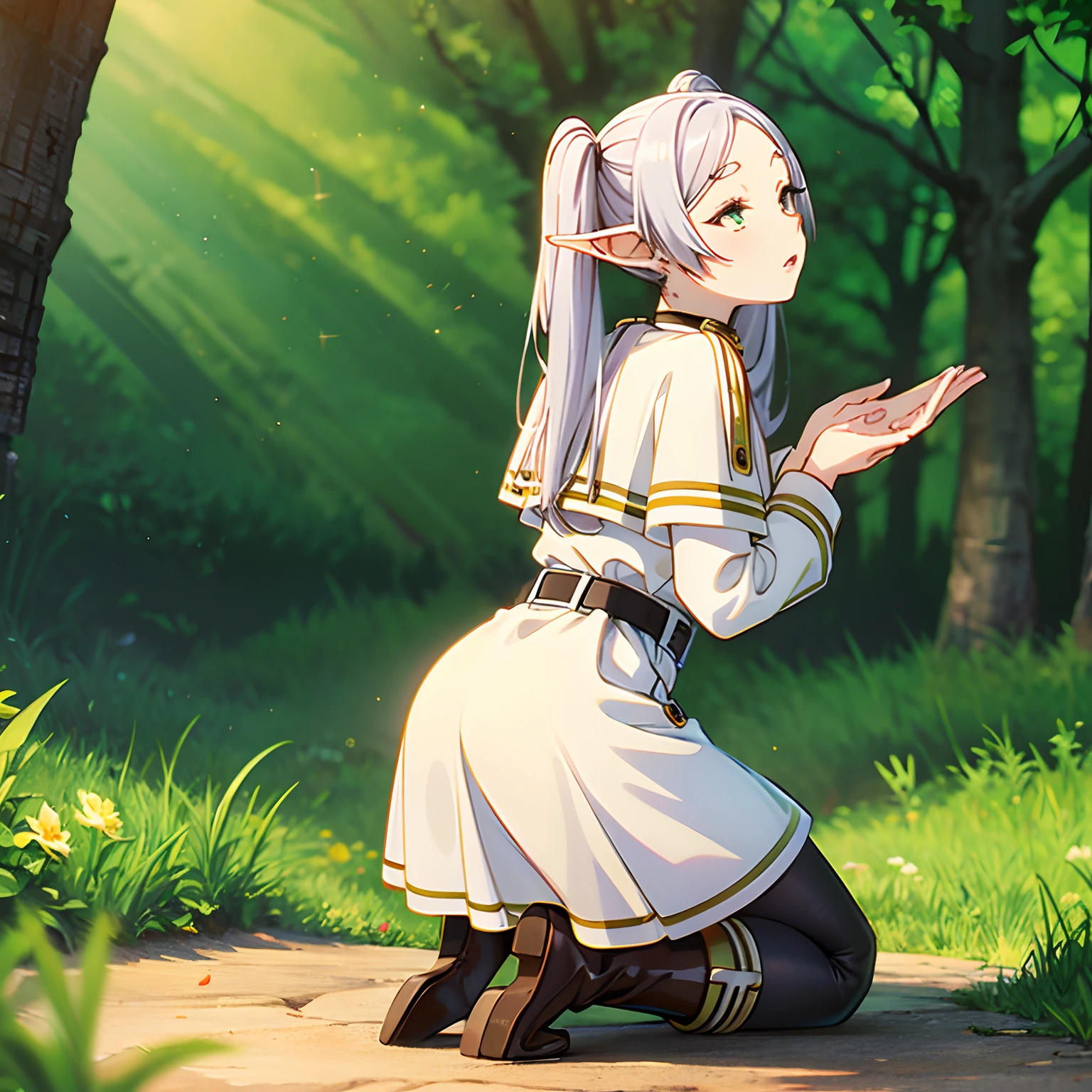 a woman in a dress kneeling on the ground, long hair, blush, bangs, long sleeves, twintails, green eyes, ass, flower, white hair, pantyhose, earrings, boots, outdoors, parted lips, day, pointy ears, belt, white dress, tree, black pantyhose, capelet, brown footwear, knee boots, grass, elf, nature, forest, white capelet