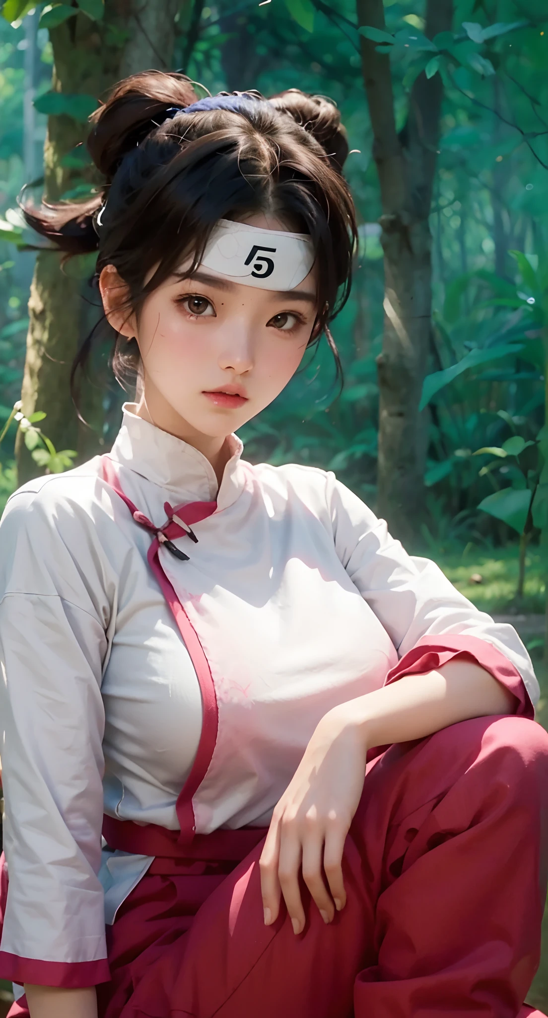 Real life adaption of this character, Korean teen beauty face,looking to viewer,realistic same pink with realistic headband made from iron on the middle headband,realistic jungle with many grass background, hyper realistic, realistic light, realistic shadow, realism,(photorealistic:1.2), (realistic same outfit ),