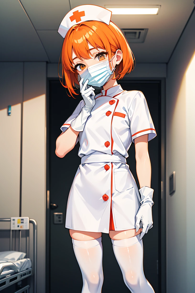 1girl, solo, nurse, nurse cap, white wear, ((white legwear, zettai ryouiki)), white gloves, very short hair, orange hair, ((white surgical mask, covered nose)), standing, ((hospital room)), sharp outline, short sleeves, tomboy, boyish, best quality, masterpiece