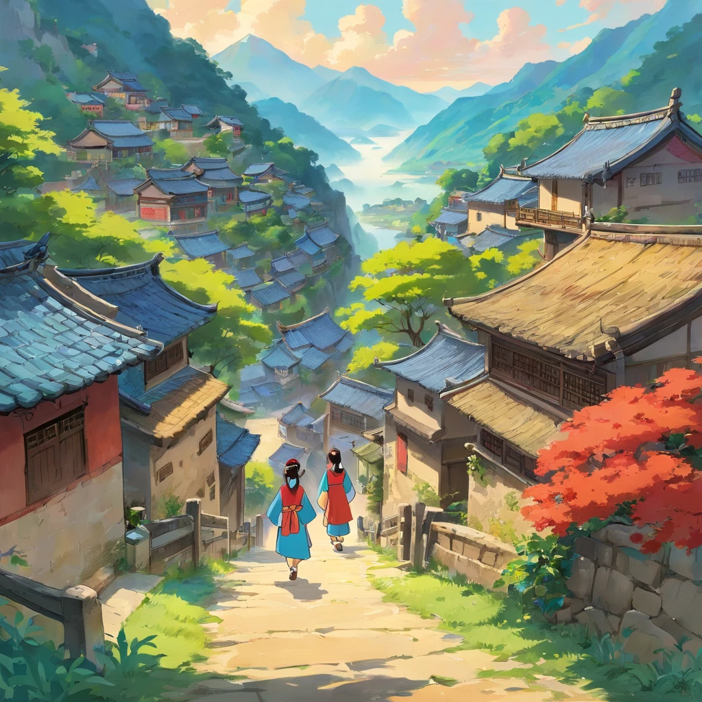 rural village background,The Zhuang people sing mountain songs,Guangxi Mountain,a color,Young person,Zhuang costumes