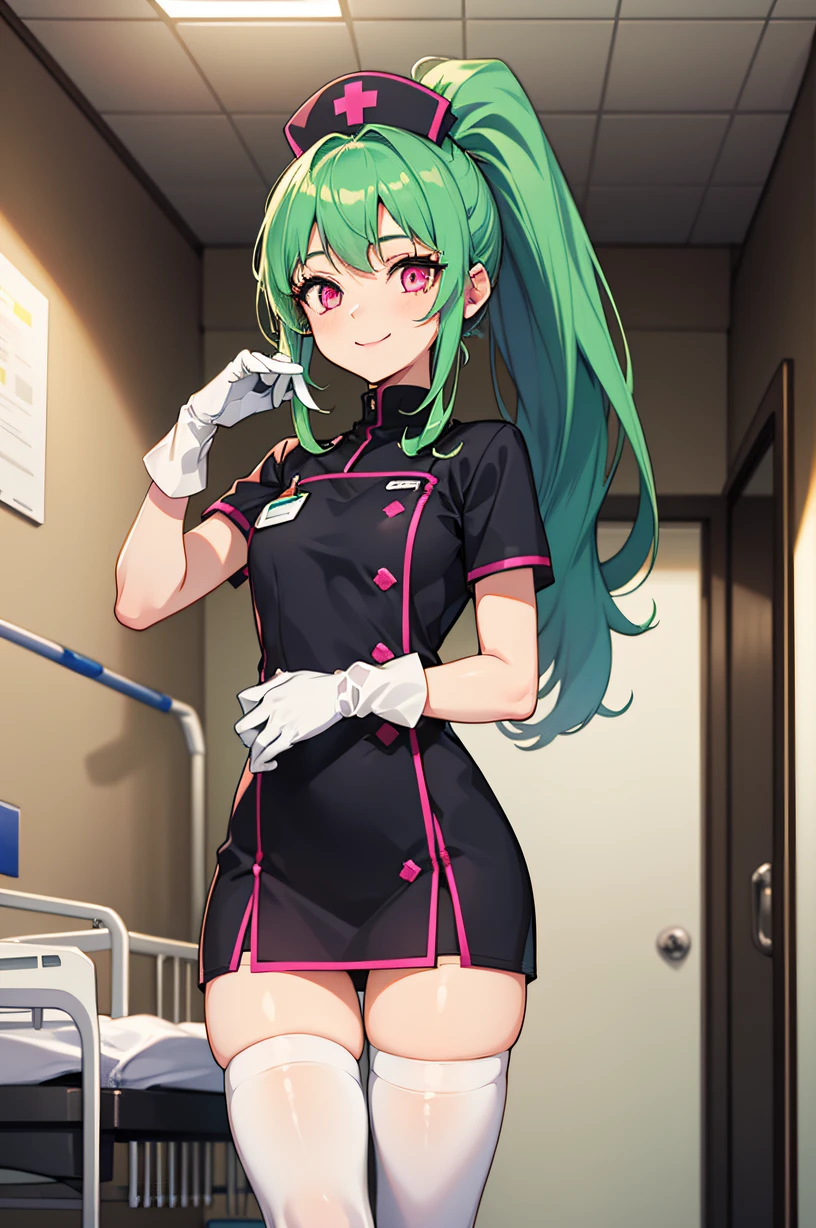 1girl, solo, nurse, nurse cap, white wear, ((white legwear, zettai ryouiki)), white gloves, ponytail, green hair, pink eyes, smile, standing, ((hospital room)), sharp outline, short sleeves, best quality, masterpiece