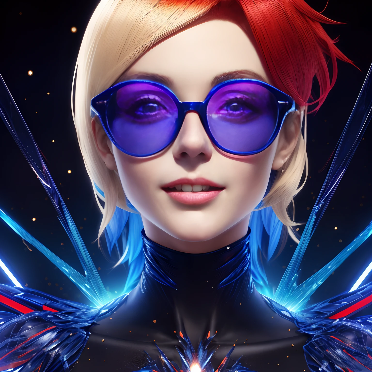 / illustration,
perspicacity,
perturbado,
Perfect Double Exposure Technique,
retrato de Juddy abade, Estilo anime ""Two-tone blonde and red hair with futuristic transparent blue glasses""
Bright Sparks
Smooth and shiny texture,