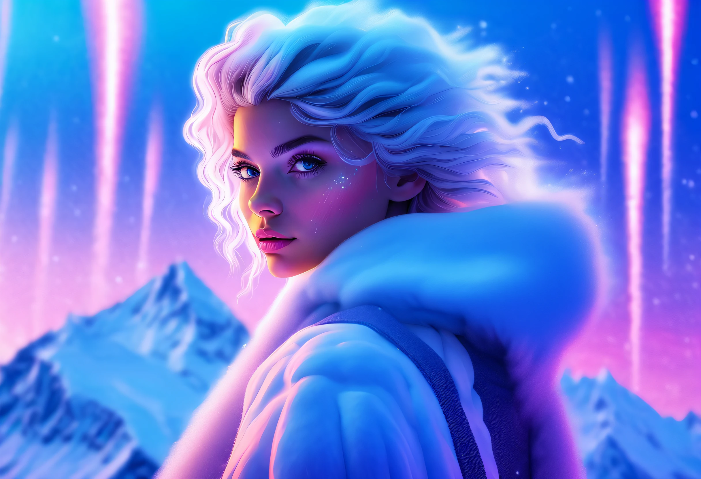 ModelShoot style, (Extremely detailed Cg Unity 8K wallpaper),extreme light，1girll，Stand under the iceberg，Admire the beautiful Northern Lights，cyber punk perssonage [Snow-capped mountain landscape with fog，snow mountains] ，Immerse yourself in the beautiful aurora，Live in the clouds of the starry sky，Behind the clouds，（multiple exposure：1.8），(The transparent and ethereal girl's face blends with the aurora，Covered with snow-capped mountains)，Multiple elements blend the image，photography of：Brandon Woelfelmist，Surreal dreams，Gray atmosphere，raining day，dyna，lute，hdr，Surrealist art fantasy style，Epic digital fantasy art style，Beautiful dream art, Science-fi digital art illustration,dreamlike digital painting, futuristic digital painting, Fantastic concept art, In front of the sci-fi snowy mountain landscape, science fiction digital art, Fantastic transparent ethereal girl stylized abstract portrait close-up