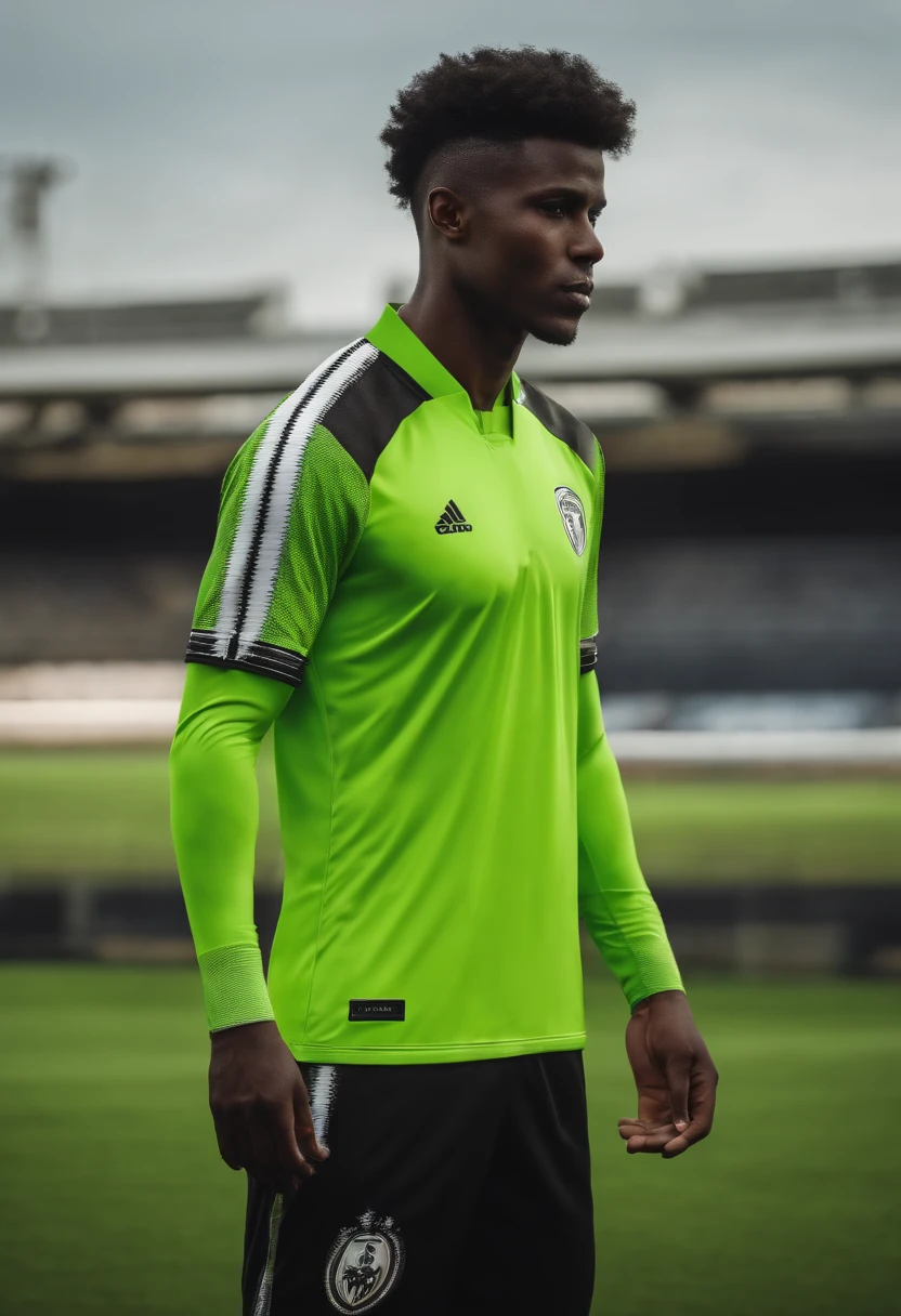 crie um modelo de camisa de futebol conceitual, Futuristic and minimalist in lime green color with black and white accents. contendo a palavra winner.