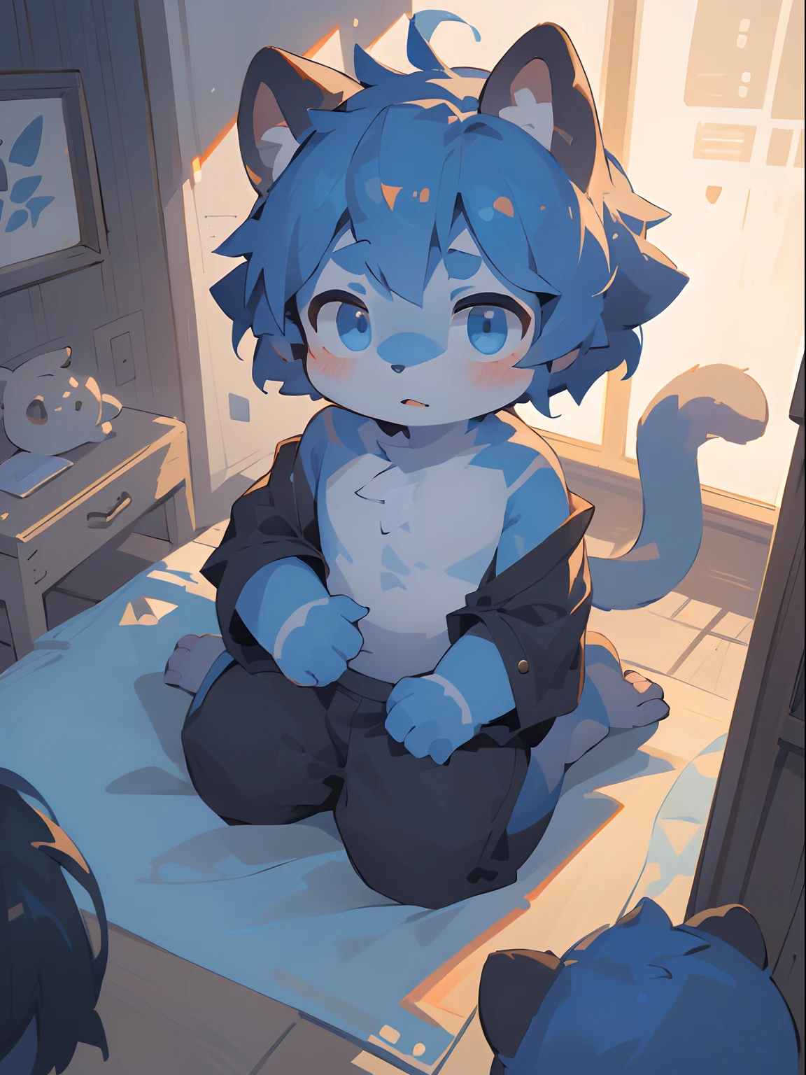 three fourths view，Dark blue body，Fluffy hair，Shota，blue hairs，toddlers，Blue eyes ， adolable， Master masterpieces， A high resolution，8K，detailedbackground，high high quality，(((Libido boy，toddlers，Q version)))，独奏，Cat tail，cat ear，((独奏,only, Looking_at_Audience communication_Legs, On_Return to the best_quality, hi_Nothing,，Bedrooms，opening legs)),the shy，((lalafell))，solo person，((author：Puinki,By Artists:1.2),(author：Unreal Land,author：Sumi Kuroi,author：Milk Tiger 1145,author：Morkey,(author：Xia Huaiting:0.8),(by Pino Daeni:0.8) （Fine and detailed eyes and detailed face） , （Handsome face） , （Perfect anatomy） ，thick bushy eyebrows，short detailed hair，Very Fine Detail， 4K , 8K ，cinematric light，stunning art，lindo cenario