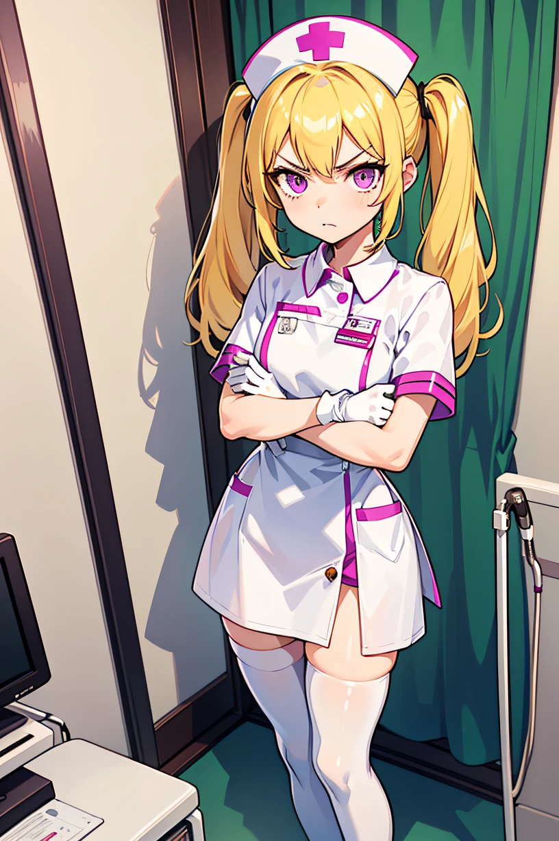 1girl, solo, nurse, nurse cap, white wear, ((white legwear, zettai ryouiki)), white gloves, twintails, yellow hair, purple eyes, angry, crossed arms, standing, ((hospital room)), sharp outline, short sleeves, best quality, masterpiece