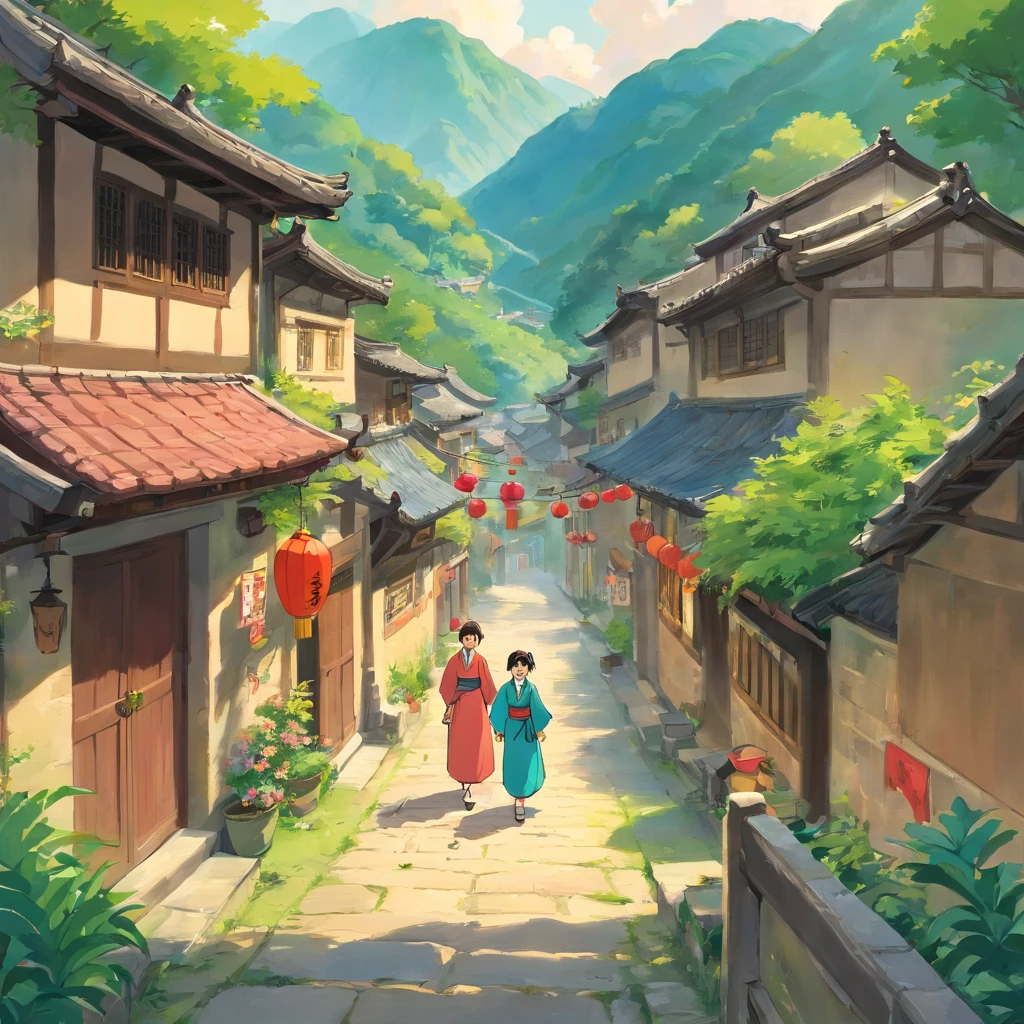 rural village background,The Zhuang people sing mountain songs,Guangxi Mountain,a color,Young person,Zhuang costumes