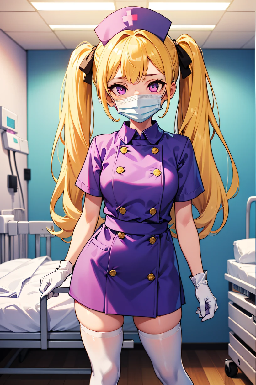 1girl, solo, nurse, nurse cap, white wear, ((white legwear, zettai ryouiki)), white gloves, twintails, yellow hair, purple eyes, ((white surgical mask, covered nose)), standing, ((hospital room)), sharp outline, short sleeves, best quality, masterpiece