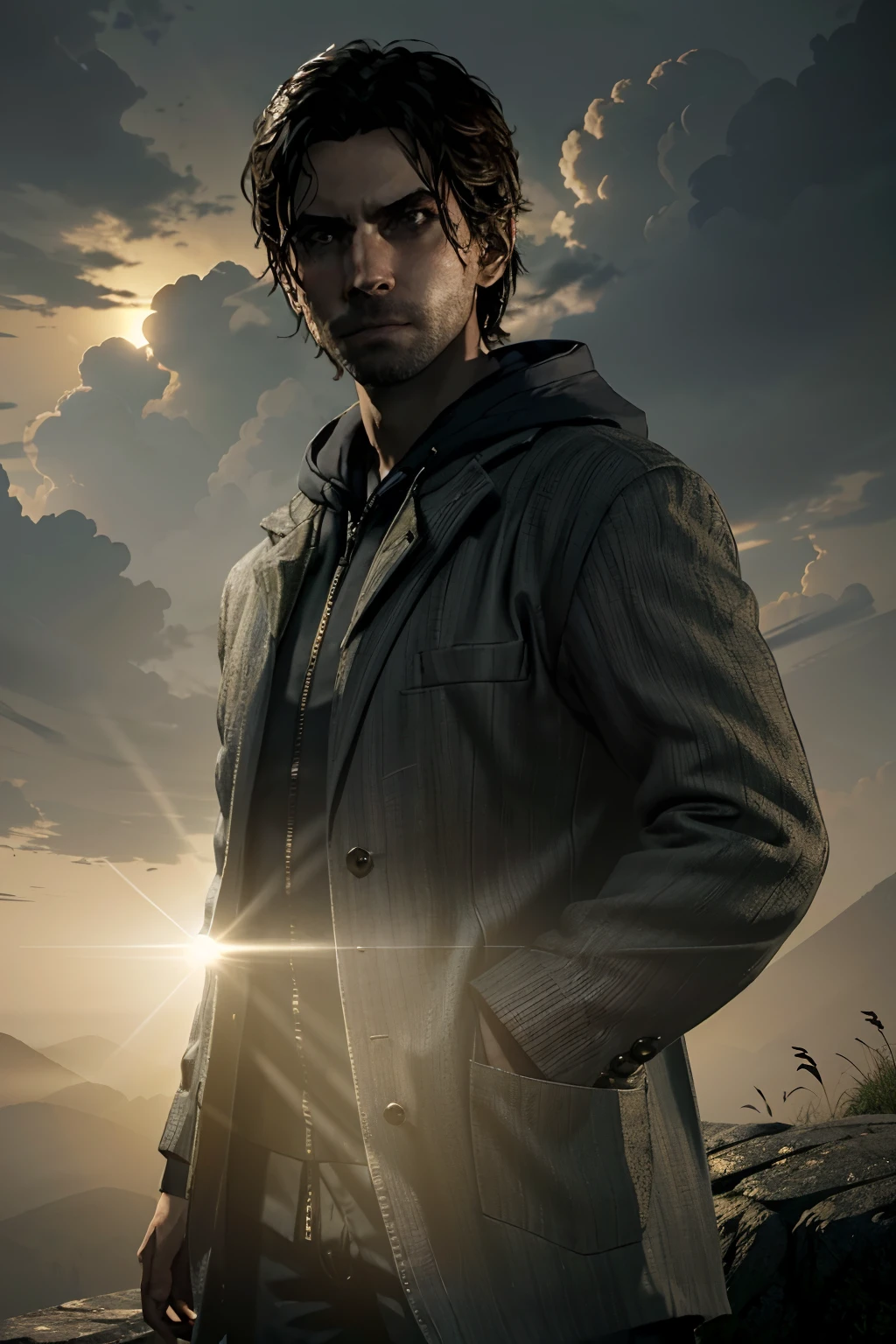 (master part, best quality:1.3)
AlanWake, sozinho, cabelos pretos, 1st grade, sozinho, horror \(tema\), Escuro, cume da montanha, nascer do sol, Breathtaking and awe-inspiring with golden light breaking through the clouds