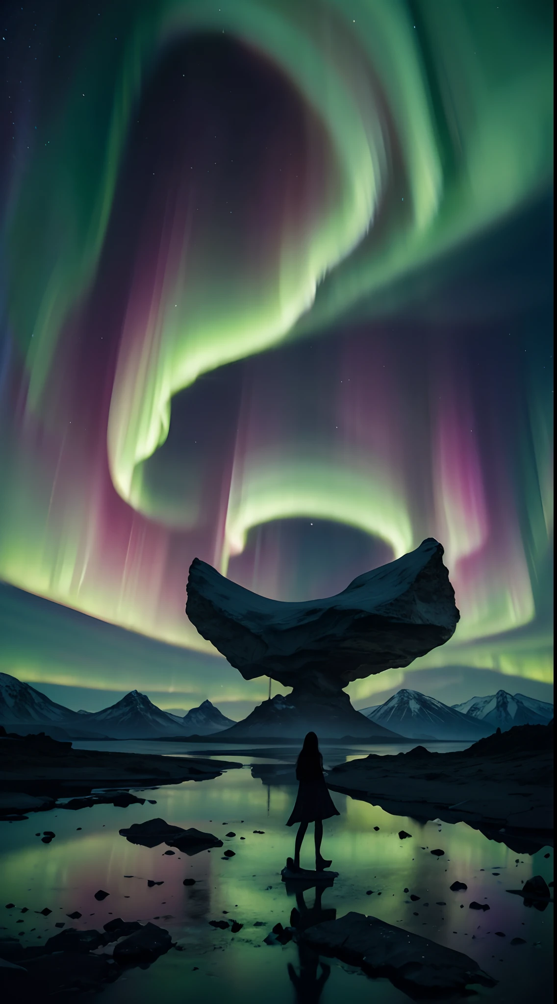 tmasterpiece, 4K, Hyper-Resolution, Optimal image resolution,aurora borealis,This stunning illustration depicts an abstract portrait of a young girl in the Northern Lights, A chaotic storm of aurora erupted in his mind,ModelShoot style,Express your thoughts, Emotions and dreams in surreal and magical landscapes. Use bright colors and meaningful symbols to reflect the complexity of the human mind,Epic surrealist style,Epic dreamy style,epic digital art illustration