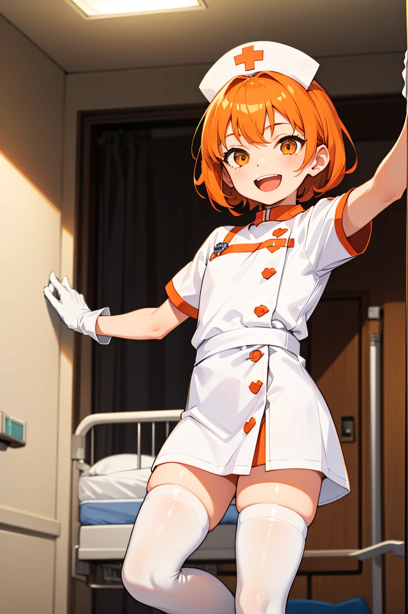 1boy, solo, male focus, nurse, nurse cap, white wear, ((white legwear, zettai ryouiki)), white gloves, short hair, orange hair, smile, open mouth, standing, ((hospital room)), sharp outline, short sleeves, shota, , best quality, masterpiece