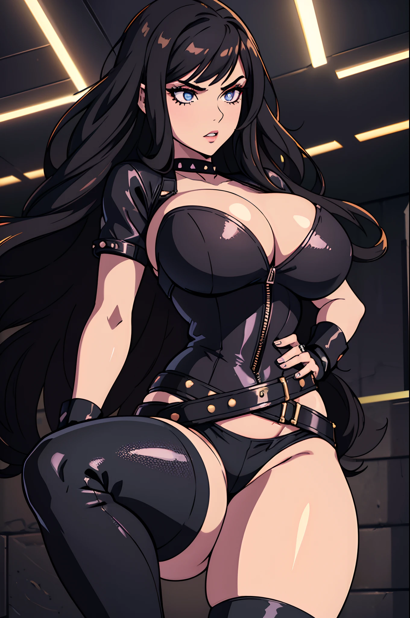 Close up shot of a 22yo woman, long wavy brunette hair, studded black choker, punk thigh high socks, dark eyeshadow, extra long eyelashes, dark eyeliner, thick hips, thick thighs, slim waist, perfect hourglass figure, (large massive boobs:1.3), black studded platform boots, cyber punk shirt, torn jeans, deep cleavage, metallic neon colors & lighting, dynamic shadows, 8k, (HDR:1.4), perfect high res, (realistic texture), realistic metallic neon lighting, cinematic lighting.