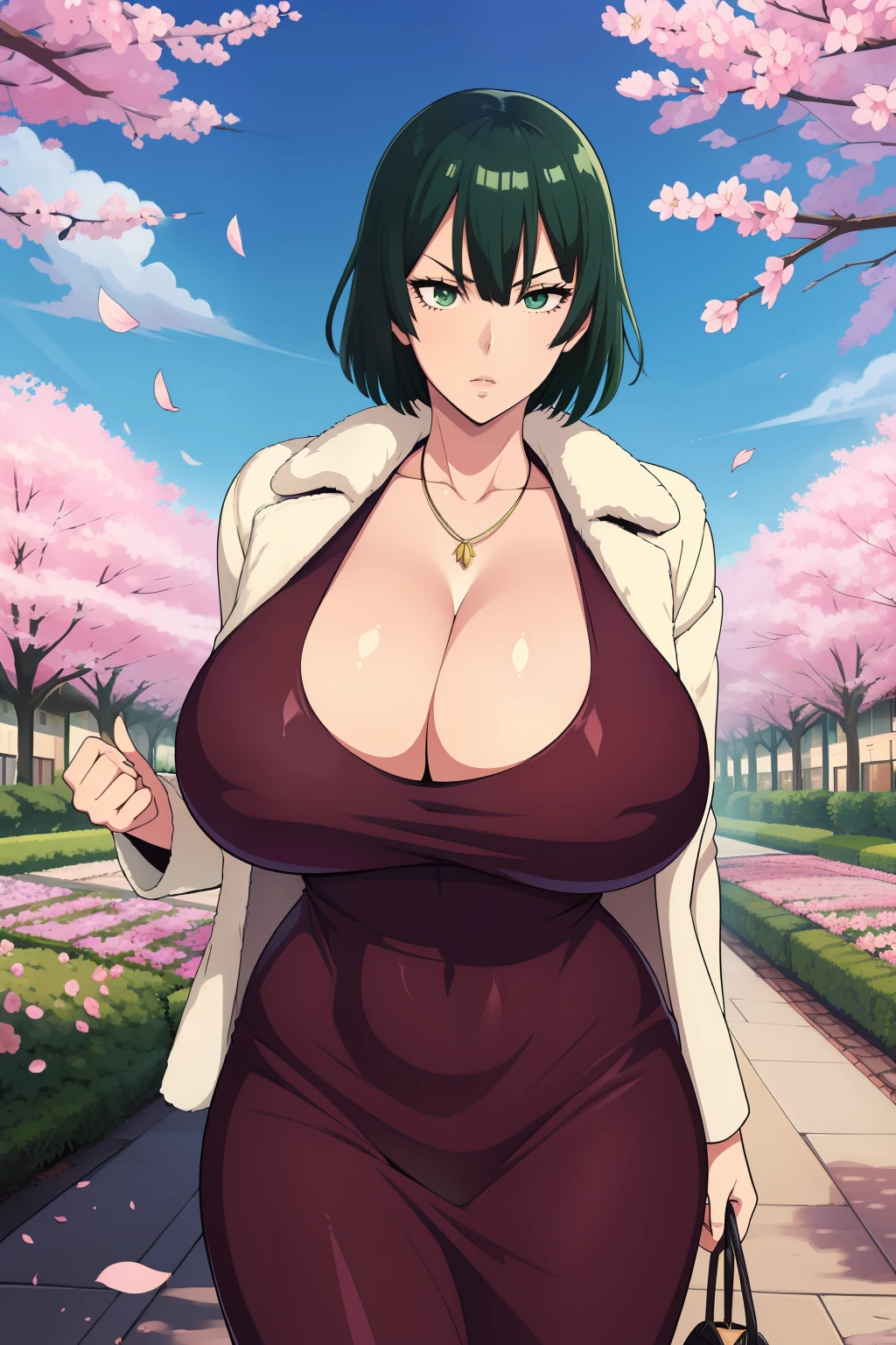 masutepiece, Best Quality, 1girl in, detailed facial features, Beautiful face, Fubuki, Green hair, taut clothes, Fur coat, jewely, Necklace, maturefemale, Perfect female body, Large breasts, Standing, plein air, garden, cherryblossom, Looking at Viewer, deadpan、gigantic droopy tits cleavage