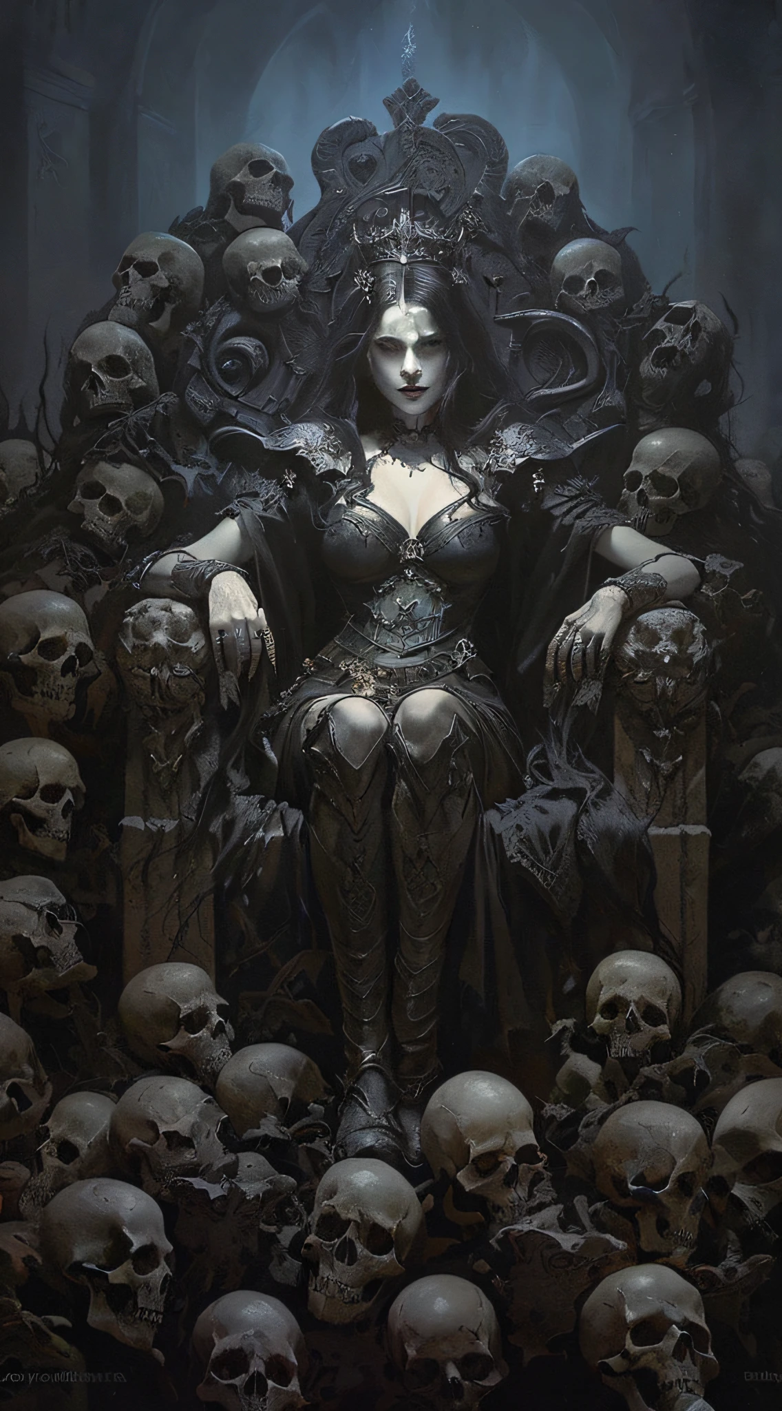 a painting of a woman sitting on a throne surrounded by skulls, in style of dark fantasy art, dark fantasy art, dark fantasy style art, dark fantasy horror art, dark fantasy artwork, goddess of death, james gurney brom, scary queen of death, fantasy horror art, gothic fantasy art, fantasy dark art, queen of death, dark fantasy illustration.(8K, top quality, masterpiece: 1.2), (realistic, photorealistic: 1.37), Super Detail, one girl, wide viewing angle, Firefly Garden, lots of small weak light and flying fireflies, night. (((masterpiece, best quality))), (elf), (1girl), solo, Bangs, red tinted hair,White cyber Skull armor,long black glovelack pantyhoses,Handsome standing with white boots, art style by Artgerm, by Kawacy, By Yusuke Murata.