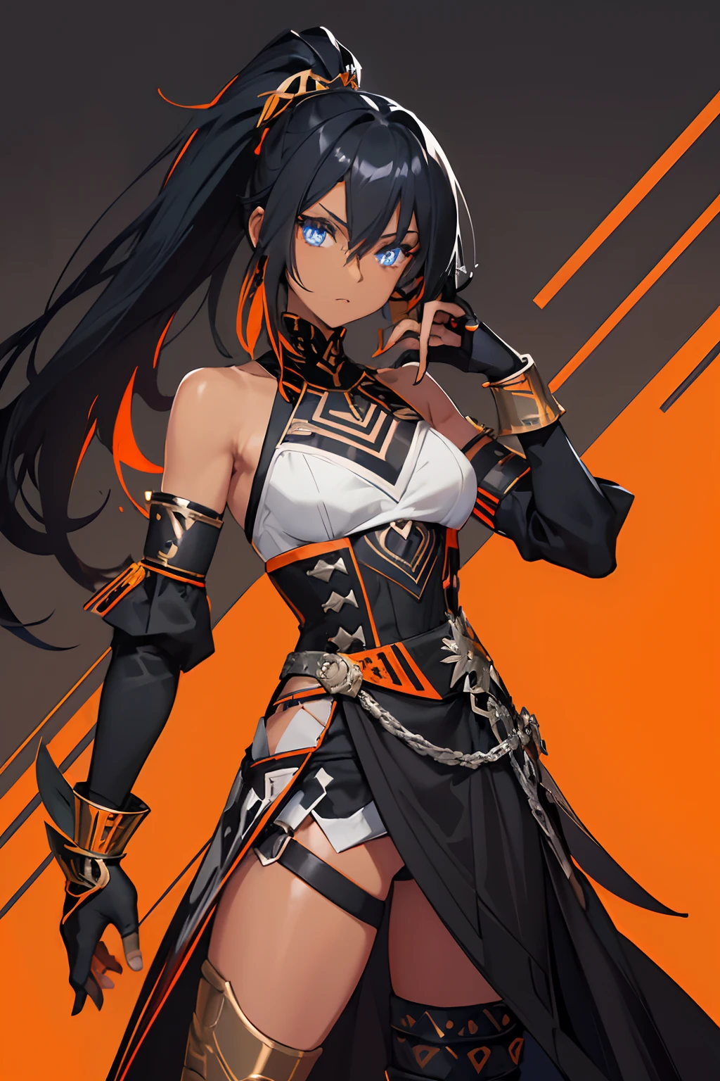1girl , (((Dark Skin)))), Black Hair with Ponytail, (((Blue Eyes))), ((Black Metallic Gauntlets and Greaves with Orange and Silver Highlights)), (((The Clothes Have a Mix of Modern and Tribal))), (((The Clothes Have a Mix of Modern and Tribal))), having mostly the color black, but having parts in orange, shoulders exposed, at the hip a shorts that extend to half of the thigh of black color. ((Black Overcoat with a orange inner part)) absurd res, best res, high res, best face, best eyes