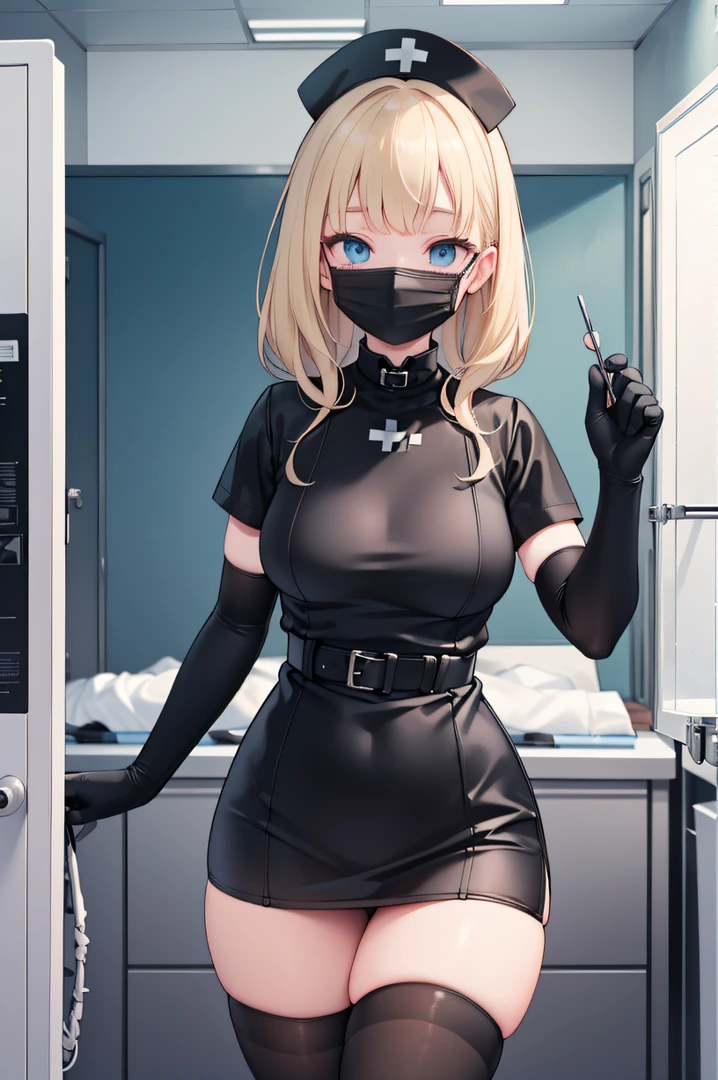 black nurse, 1woman, solo, black nurse cap, black wear, ((black legwear, zettai ryouiki)), black elbow gloves, blonde hair, blue eyes, ((black surgical mask, covered nose)), standing, ((surgery room)), sharp outline, short sleeves, mature female, 35 years old, best quality, masterpiece