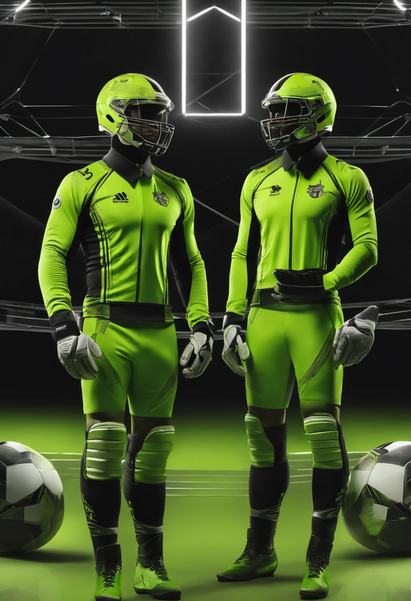 crie um modelo de camisa de futebol conceitual, Futuristic and minimalist in lime green color with black and white accents. contendo a palavra winner.