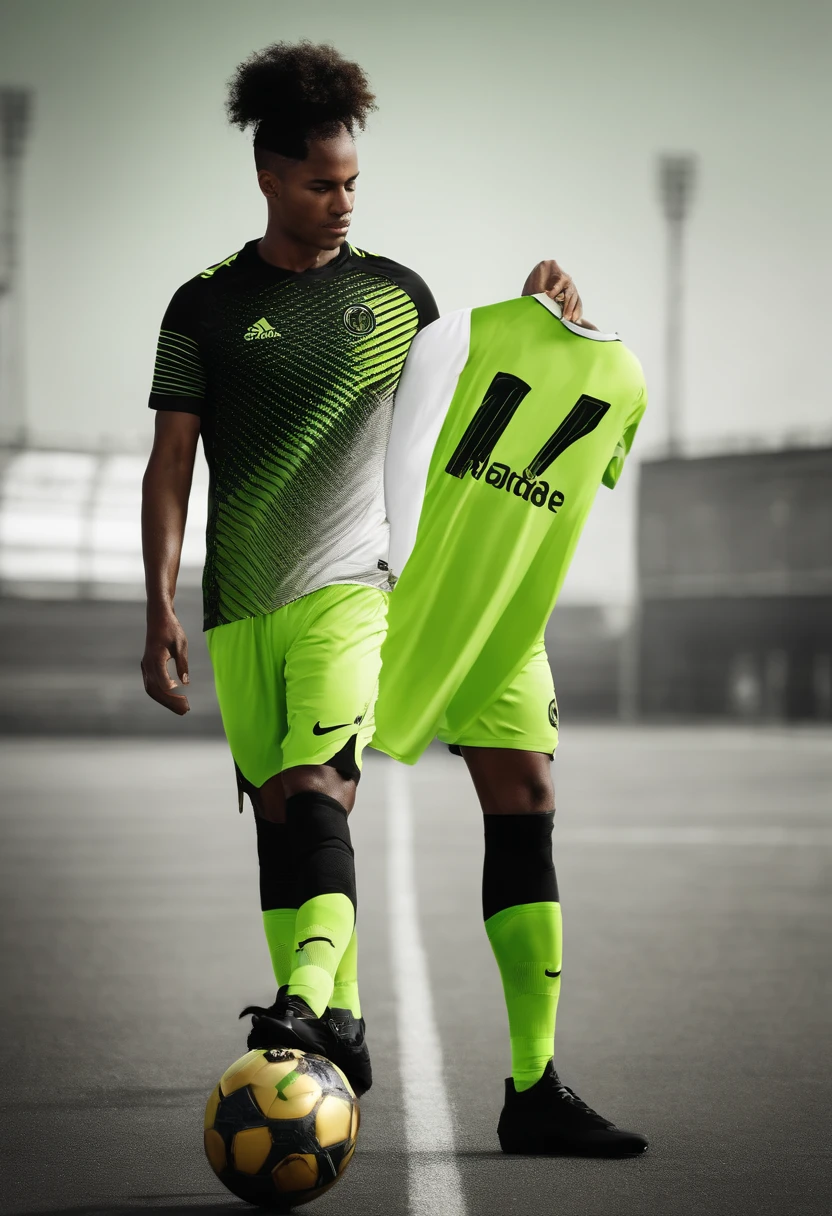 crie um modelo de camisa de futebol conceitual, Futuristic and minimalist in lime green color with black and white accents. contendo a palavra winner.