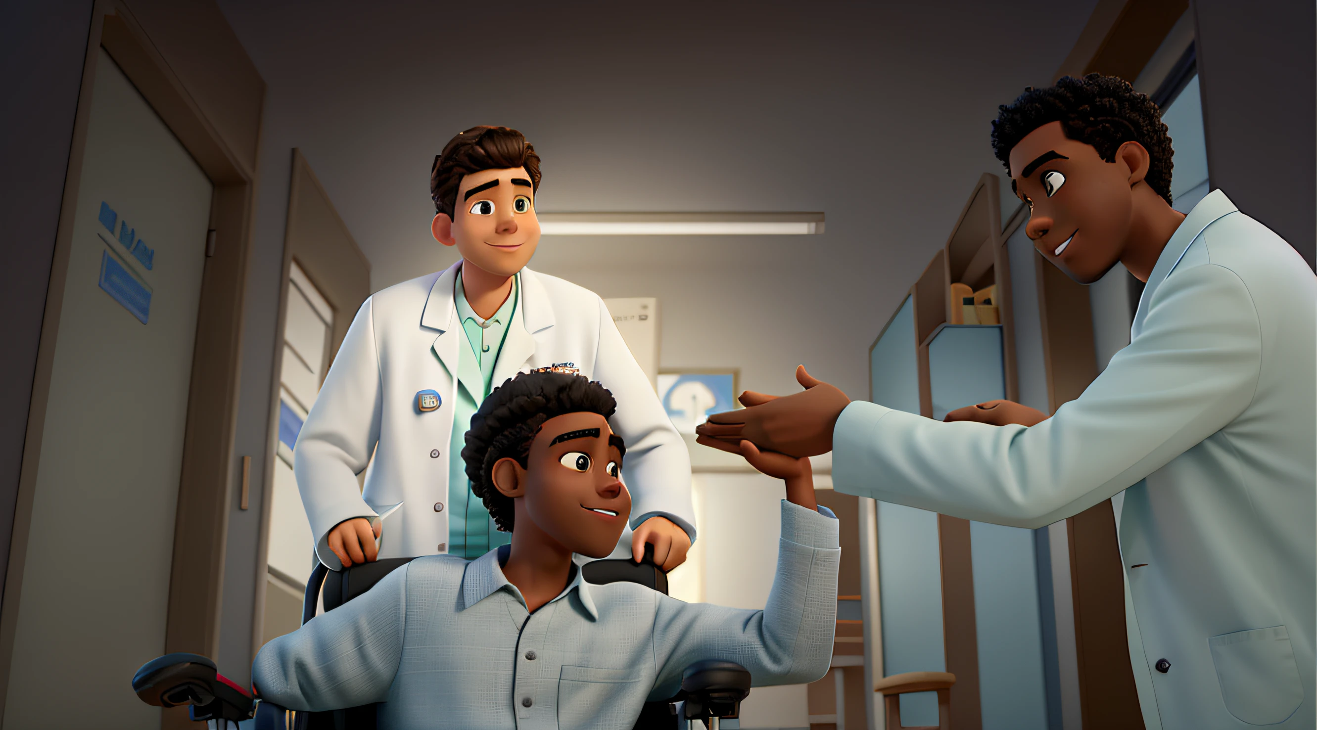 Me black boy in Disney pixar style wheelchair with a doctor in white lab coat in Disney pixar style pushing the chair, hi five with another doctor in white coat in Disney Pixar style