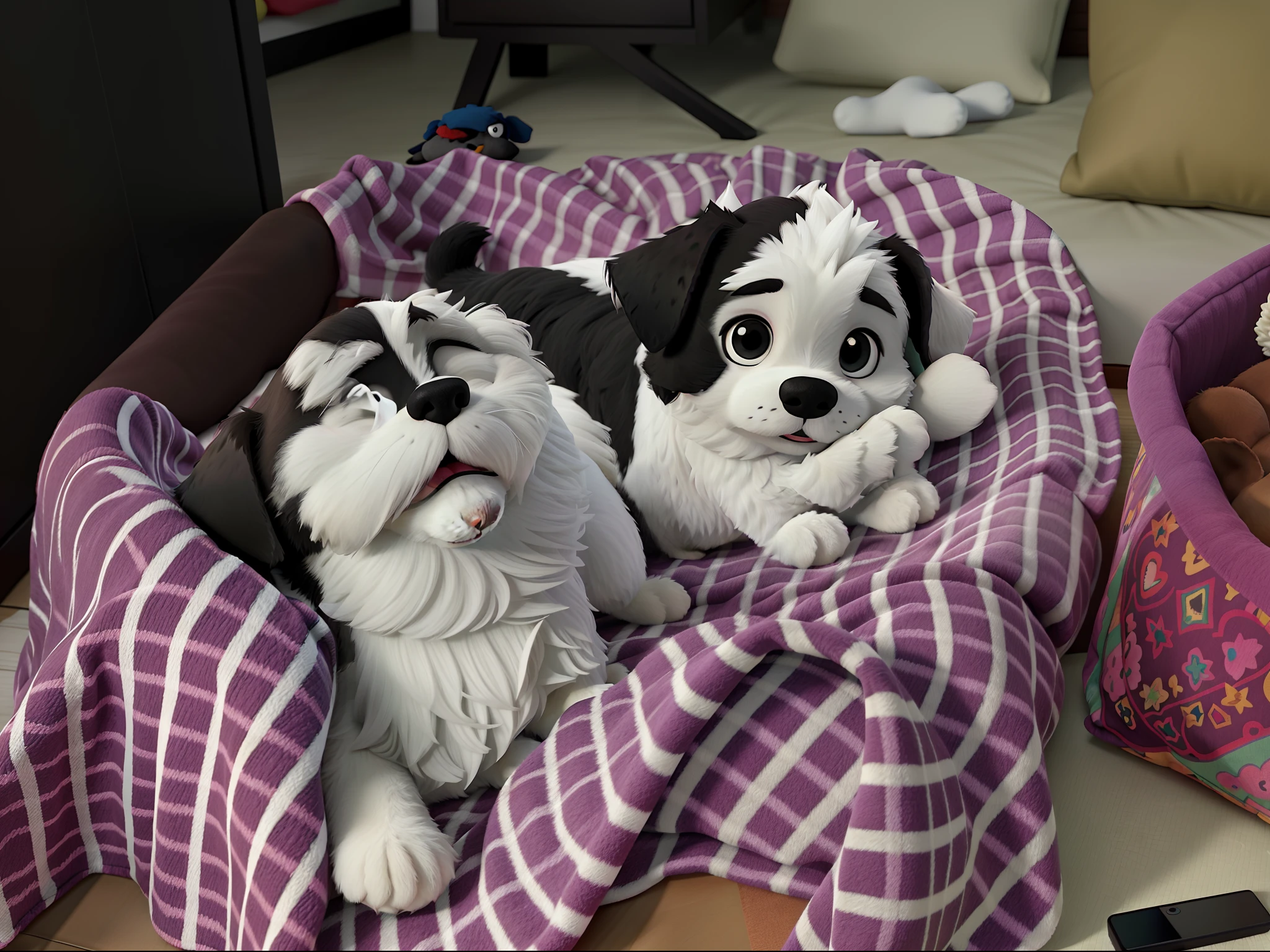 A black and white shitzu dog lying on her bed with her head on a stuffed animal, estilo disney pixar, alta qualidade, melhor qualidade