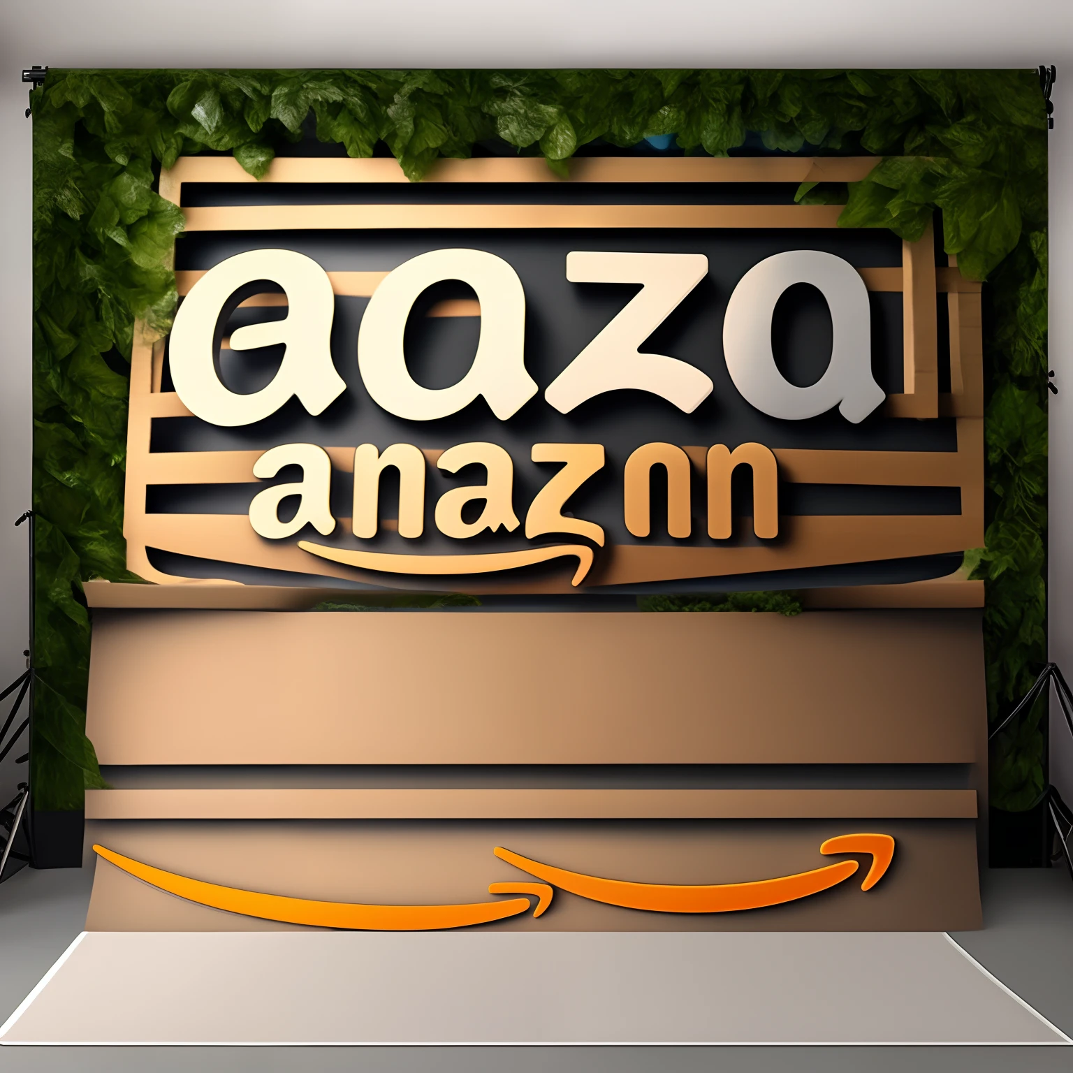 Create an Amazon-themed backdrop with an Amazon sign , caixas da amazon, produtos da amazon,  alexa gigante, carrinho de compras com caixa dentro