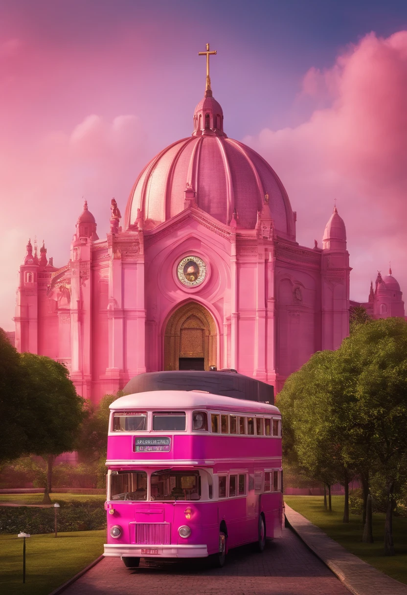 criar uma imagem pixar da empresa Danny Tur com os passageiros na lateral do onibus rosa pink com fundo da imagem da basilica de aparecida