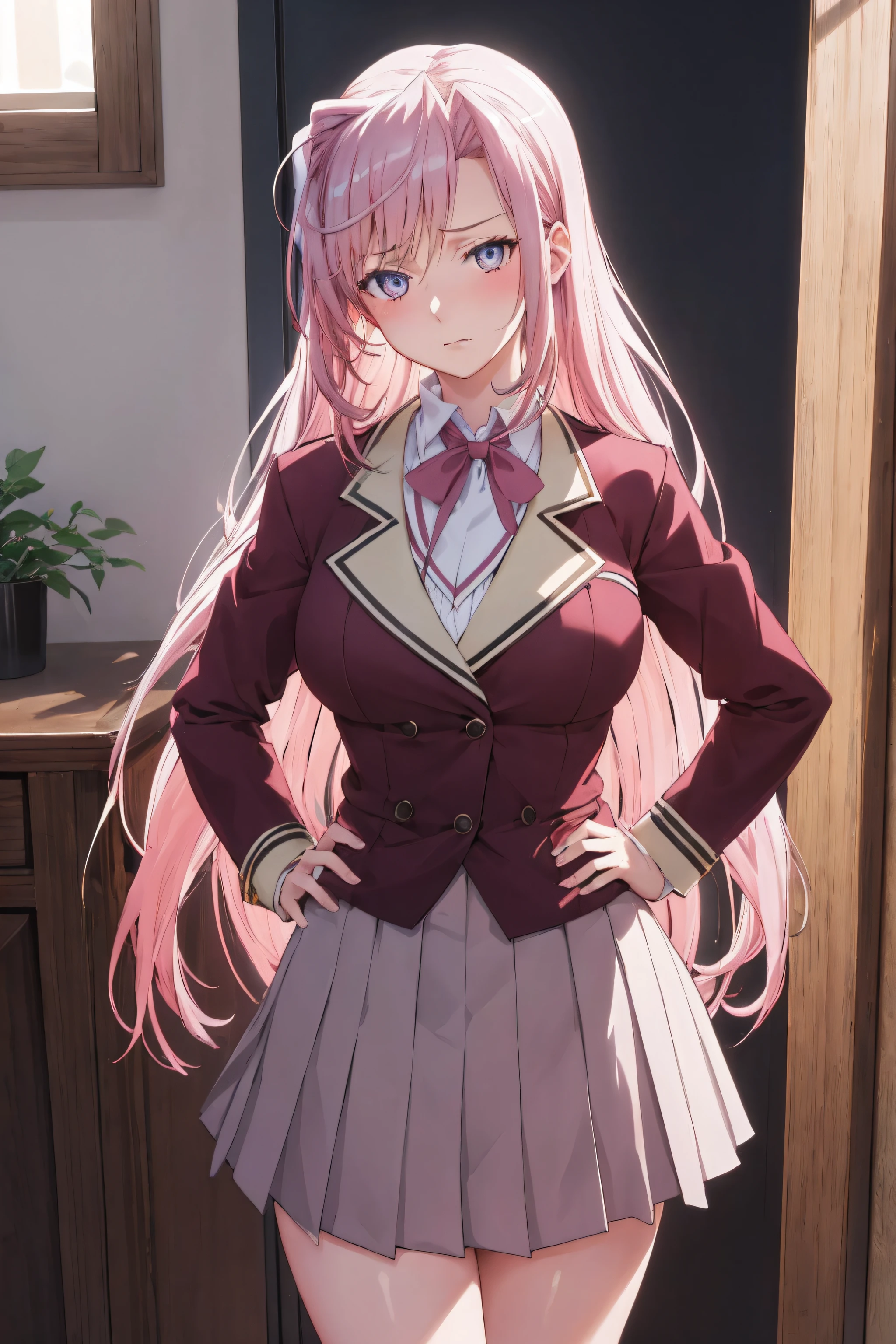 masterpiece, (best quality), 1woman,1girl ,charlotte_hazelrink,    pink hair,  long hair, very long hair,   blue eyes,purple eyes, brown_jacket,White collared shirt, Green_pleated_skirt,school uniform,  red ribbon ,   large breasts,,sexy woman, embarrassed,blush, hand on hip, angry, pov,NSFW,vibrant colors ,,natural lighting  ,RTX,  , beautiful, (detailed face:1.2), showcase, (perfect eyes:1.1) ,(photorealistic:1.1), 8k uhd,  looking at viewer, bedroom, indoors,(perfect hands, perfect anatomy),