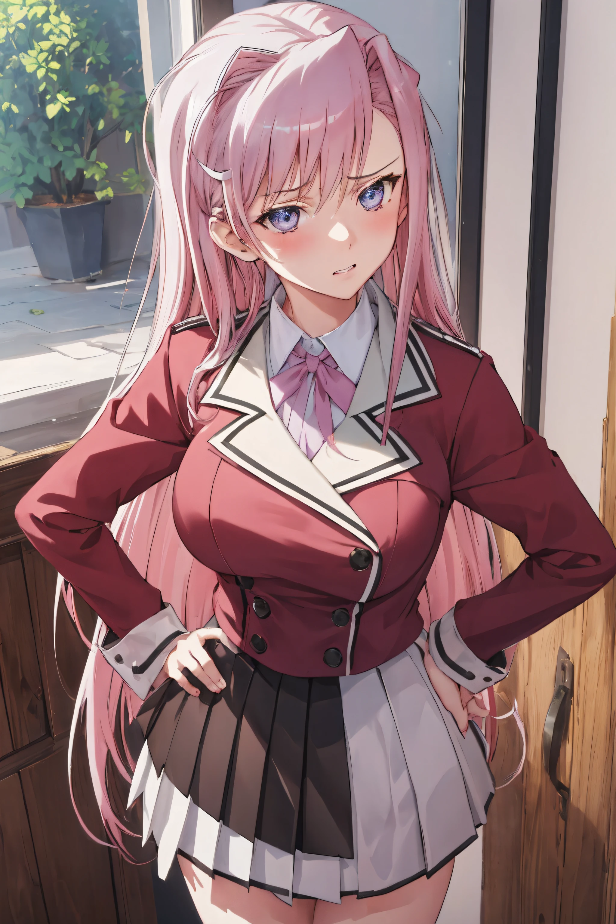 masterpiece, (best quality), 1woman,1girl ,charlotte_hazelrink,    pink hair,  long hair, very long hair,   blue eyes,purple eyes, brown_jacket,White collared shirt, Green_pleated_skirt,school uniform,  red ribbon ,   large breasts,,sexy woman, embarrassed,blush, hand on hip, angry, pov,NSFW,vibrant colors ,,natural lighting  ,RTX,  , beautiful, (detailed face:1.2), showcase, (perfect eyes:1.1) ,(photorealistic:1.1), 8k uhd,  looking at viewer, bedroom, indoors,(perfect hands, perfect anatomy),