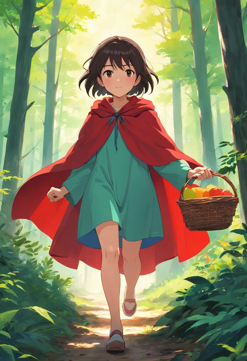 A dark-haired girl in a red cape, redridinghood, at a forest, The girl carries a basket of fruits, classic children's illustration, storybook illustrations , A detailed, k hd