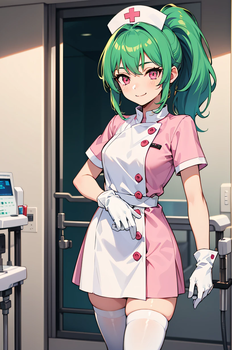 1girl, solo, nurse, nurse cap, white nurse uniform, ((white legwear, zettai ryouiki)), white gloves, ponytail, green hair, pink eyes, ((white surgical mask, covered nose)), standing, ((hospital room)), sharp outline, short sleeves, best quality, masterpiece