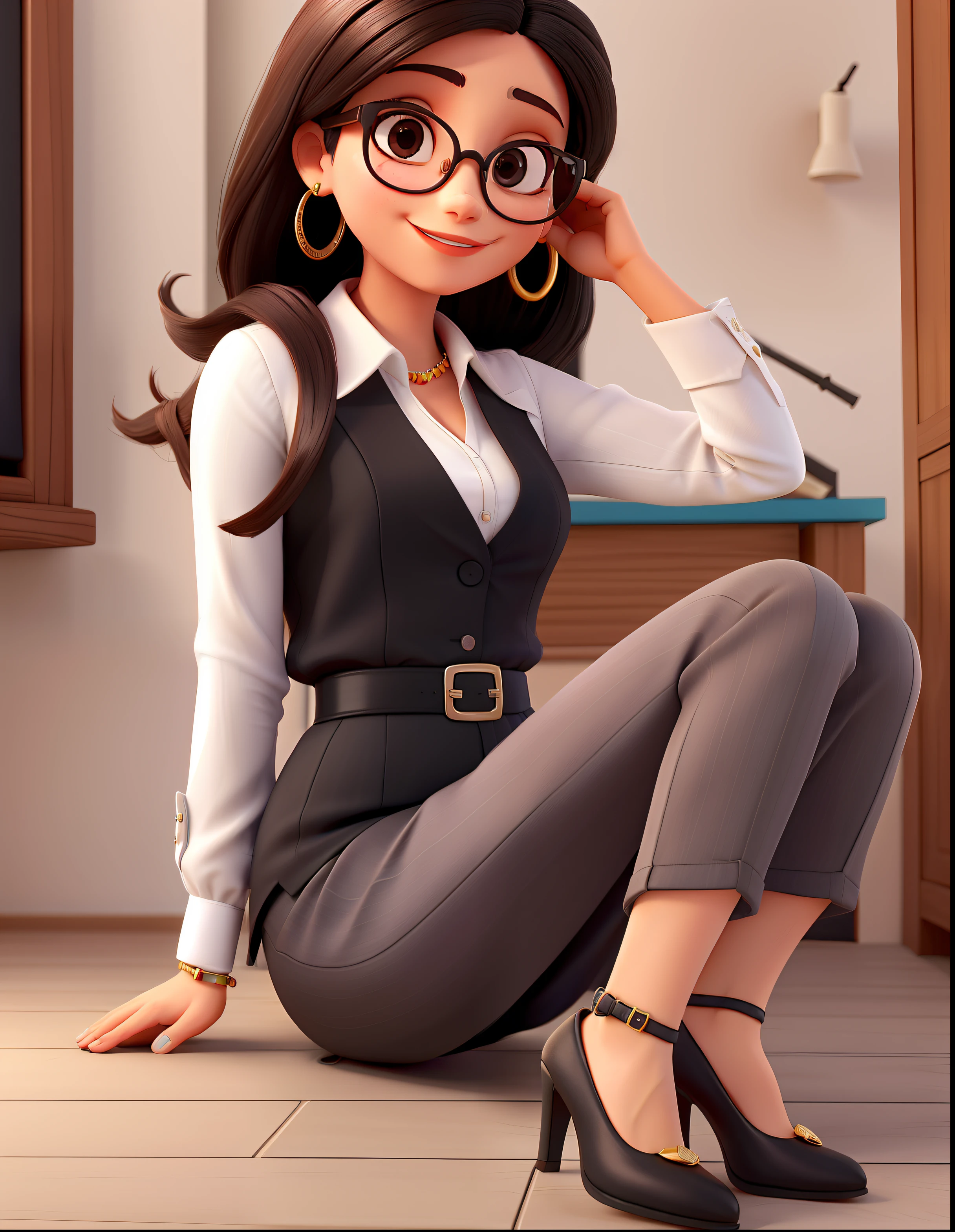 Belal
Uma mulher branca executiva, madura, sorridente, Chic and wise, com cabelo longo e liso castanho, olhos puxados e pequeno na cor marrom, boca pequena, quadril pequeno, with black dress pants, blusa preta e brazer creme, She is wearing sunglasses with a brown frame with black high heels jewels, em uma fabrica de joias chique. Picture on the wall written selmíssima.sj.