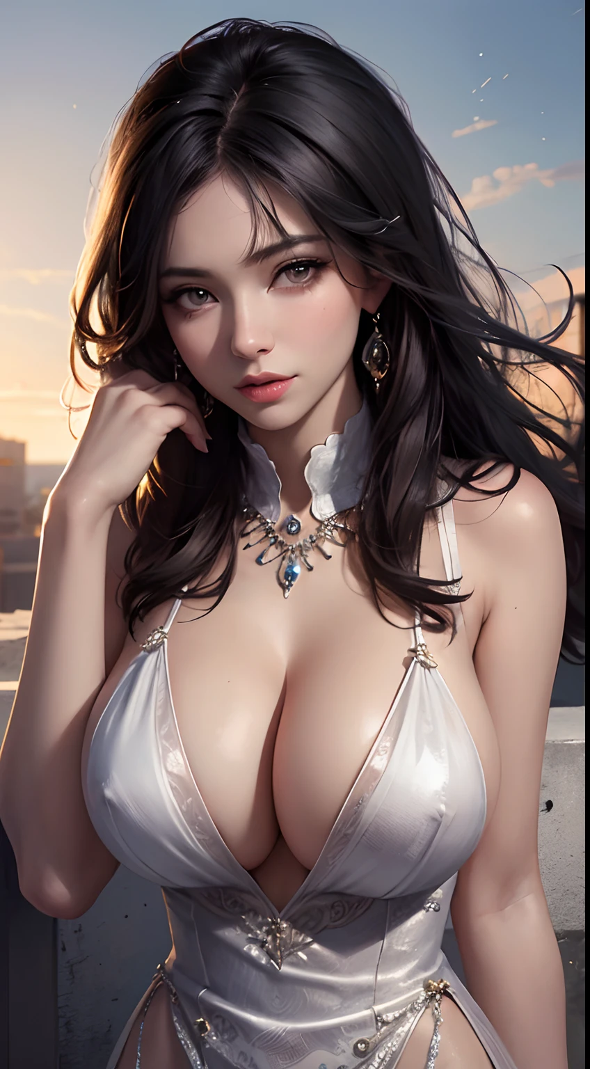 Best quality, Masterpiece, A high resolution, 1girll,china dress,hair adornments,necklace, jewelry,Beautiful face,after sexing_Body, Tyndall effect,Photorealistic, Dark Studio, rim lit, twotonelighting,(highdetailskin:1.2), 8K, Ultra HD, Digital SLR, Soft lighting, High quality, voluminetric lighting, candid, photographed, high resolution, 4K, 8K, Bokeh,(huge tit,gigantic cleavage breasts)