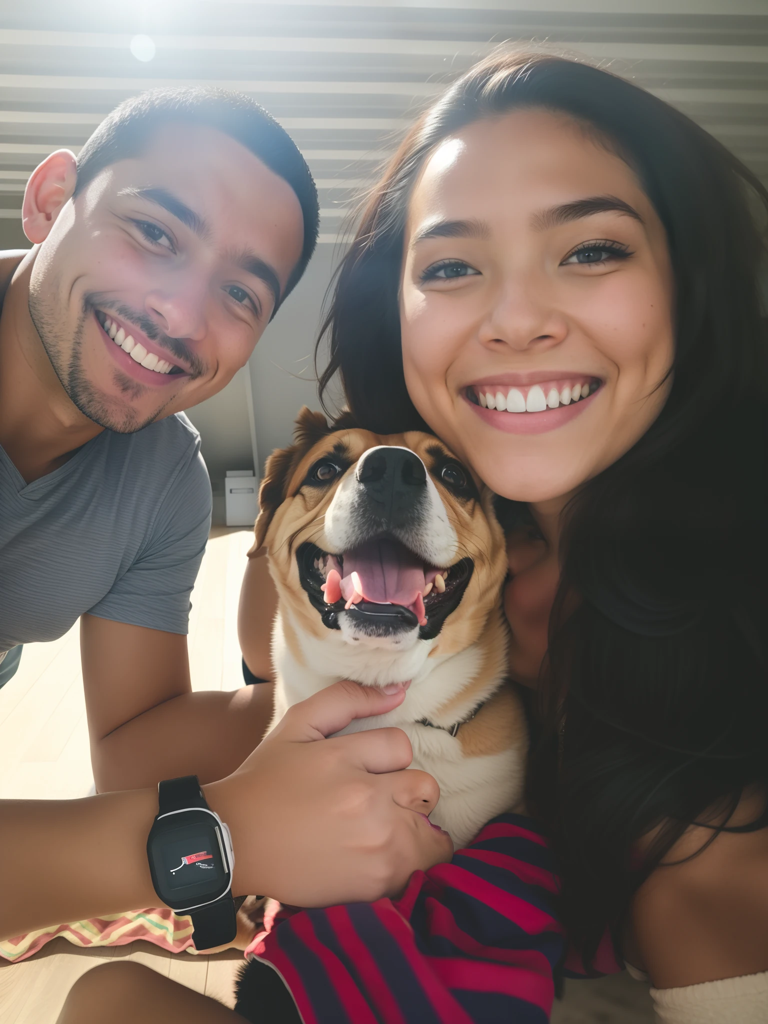 Smiling couple with dog outdoors with open ceiling, selfie of a dog, happily smiling at the camera, comissionado, circunstanciado!, Family photo, Me ajuda, belos arredores, with dogs, muito bobo olhando, foto do perfil, Tyler Edlin e Natasha Tan, imagem de perfil, vacation photo, both smiling for the camera, smiling at camera, foto do snapchat, Jenna Barton