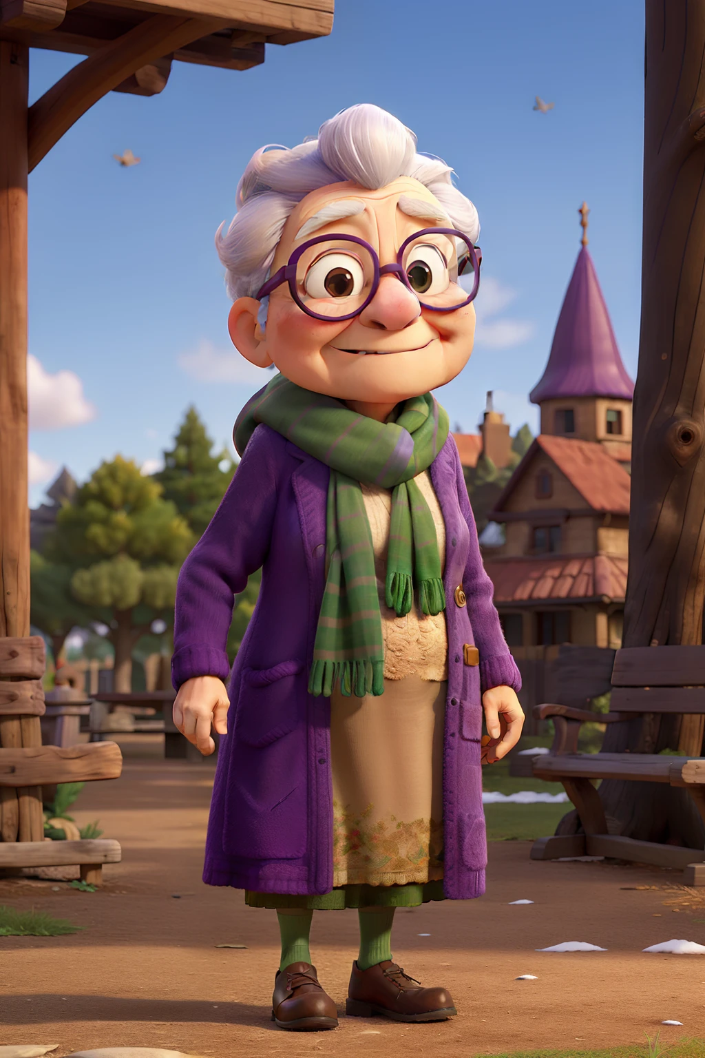 masterpiece, best quality, an old woman with glasses and a scarf on, wearing a purple coat and green scarf, standing at the park