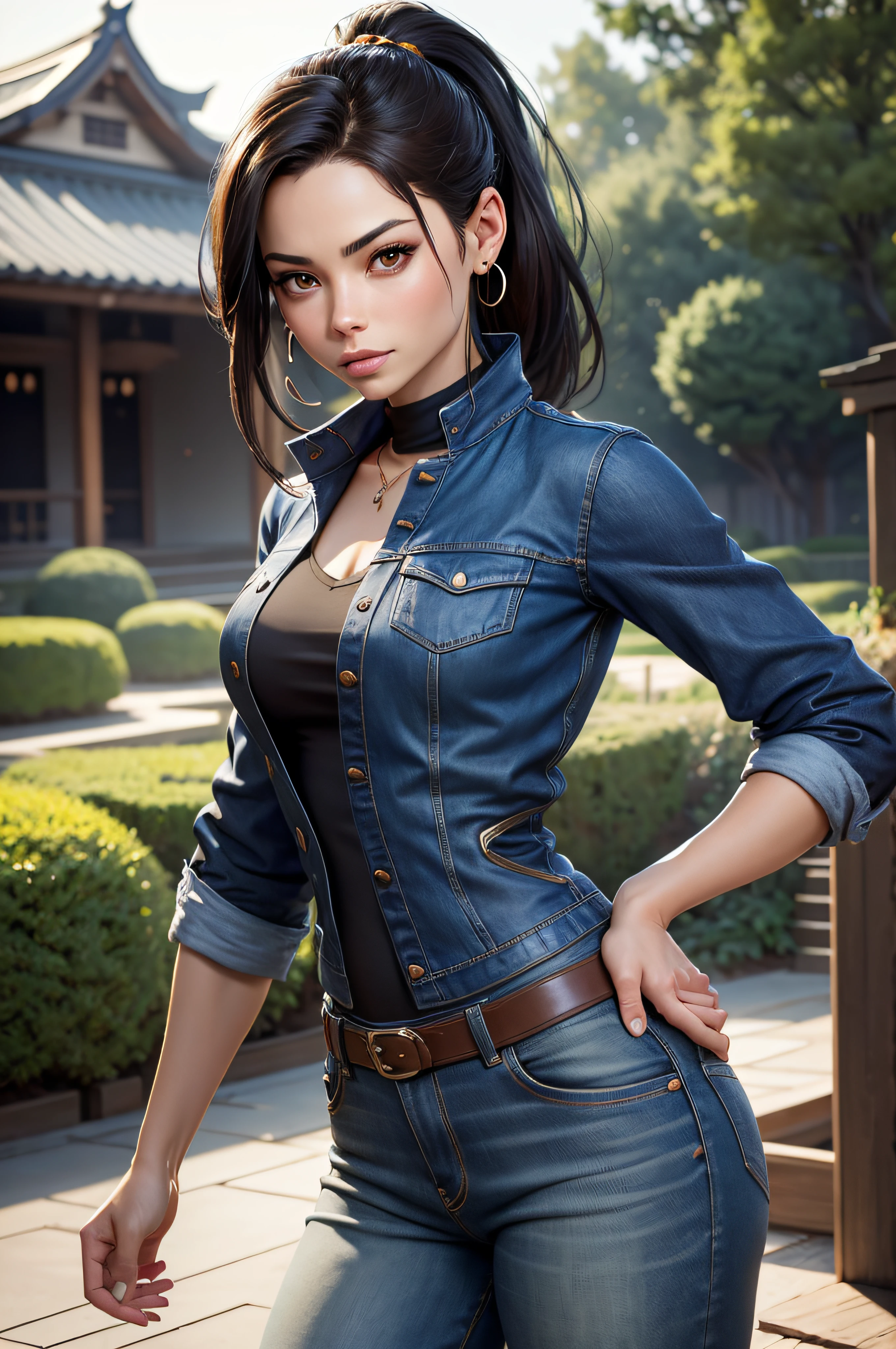 (master piece), (highly quality), Kristin Kreuk, android_18, (visage parfait), defined jawline, lovely lips, (cheveux longs bruns avec ponytail), (beaux yeux verts), (anatomie parfaite), athletic body, (sexy, brawny), (mains parfaites), (mains sur la taille), Small Simple Gold looped Earrings, (chemise noire sous gilet en jean bleu), (pantalon en jeans), (regardant le spectateur), (photographie moyenne), Japanese garden in the background, (tendance sur ArtStation, tendance sur CGSociety), (par Artgerm), (par Beln Ortega), (par Dan Mora), (par Terry Dodson), octane rendered, Unreal engine, style model shoot, Realistic,
