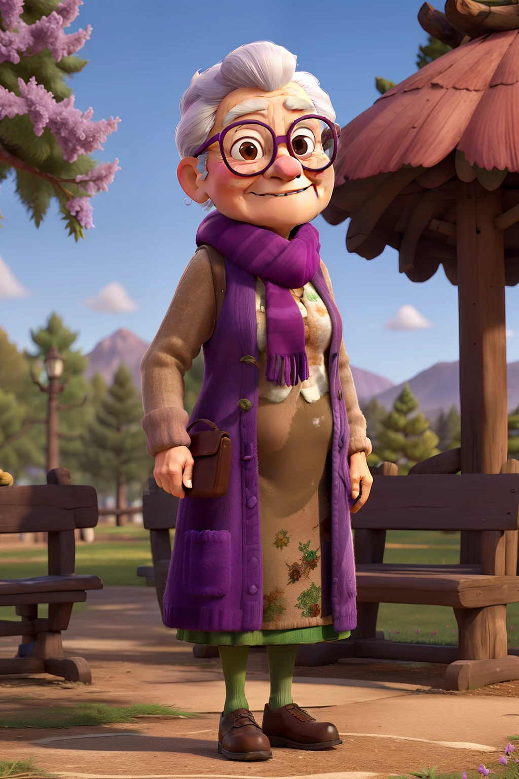 masterpiece, best quality, an old woman with glasses and a scarf on, wearing a purple coat and green scarf, standing at the park