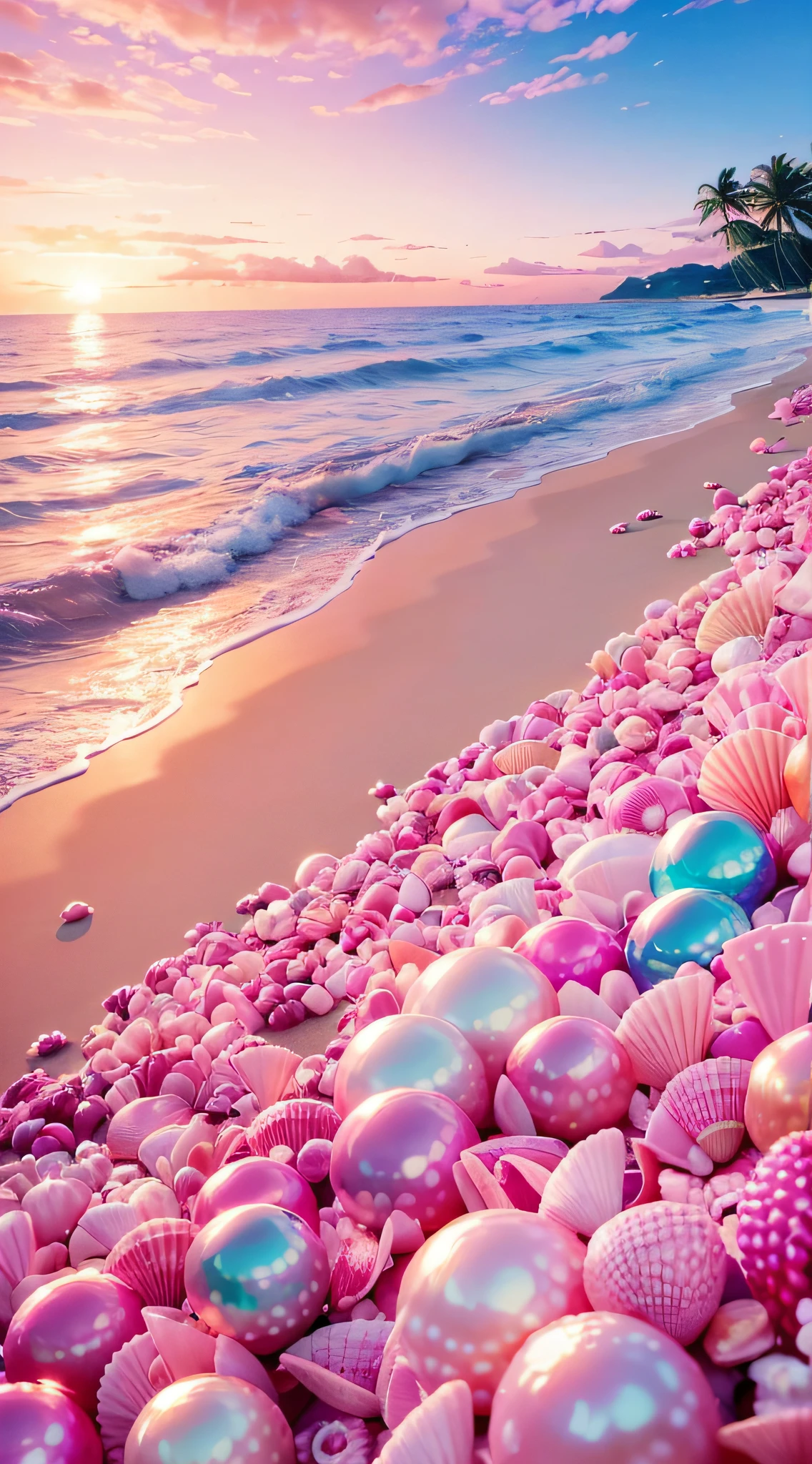 (8K, RAW photo, Best quality, masutepiece: 1.2), (Realistic, Realistic: 1.37) There are pink shells on the beach, there are waters, Pearlescent, pearls and shells, Soft spill, pearls, Pink jellyfish are everywhere, Soft 3D rendering, Ethereal bubbles, Bubble landscape, Elay shader, pastel pink, Pink reflections, Pearl Sky, shells, Paradise pink, Pastel colors, Pink pastels,