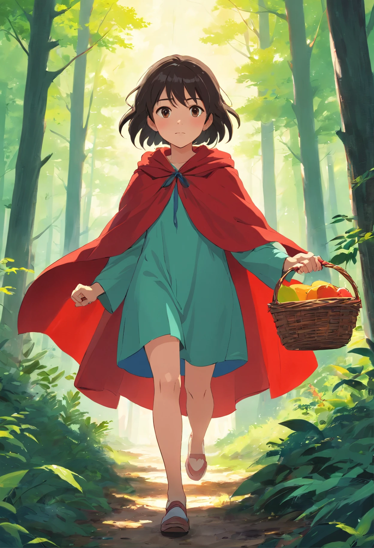A dark-haired girl in a red cape, littleredridinghood, at a forest, The girl carries a basket of fruits, classic children's illustration, storybook illustrations , A detailed, k hd