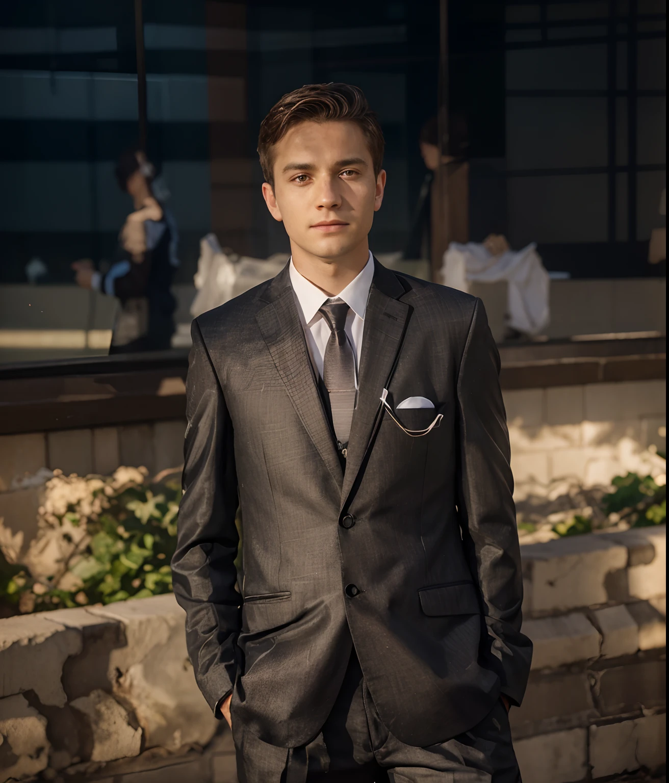 A boy is tanding 20 years in suit and tie, body and head straight in the photo, DSRL, facing the viewer of the photo, eyes fixed to the lens, appears shoulders and head in the photo, man centered in the photo, 8k, best quality, masterpiece, realistic, realistic photo, movie photo, ultra realistic, 1 person, detailed,  Perfect lighting, DSRL, professional photo, 4k