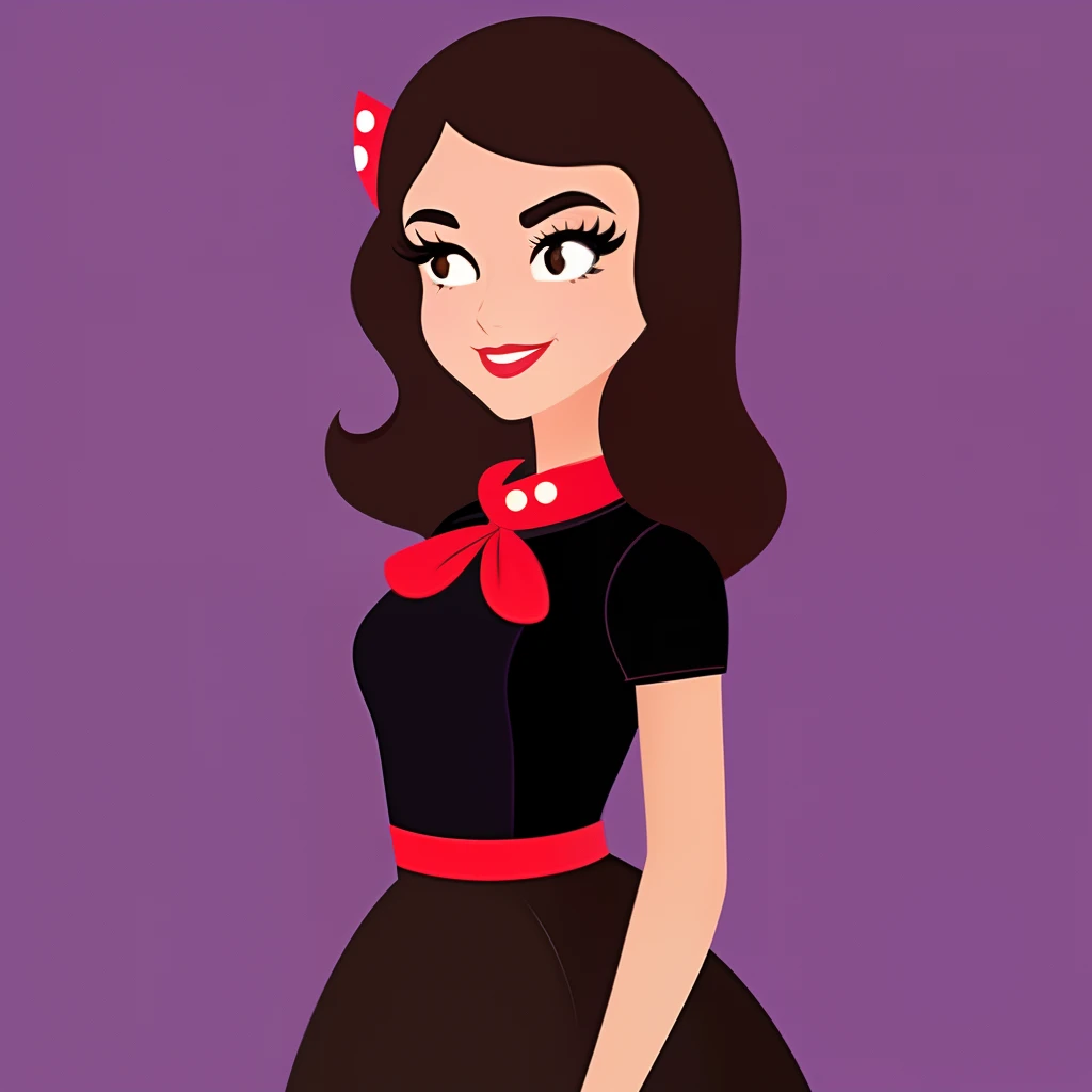 A pixéo disney style woman with long dark brown hair and dark eyes wearing black outfit high heels