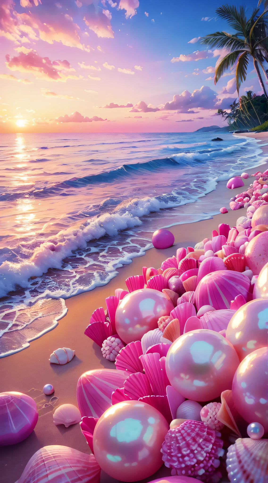 (8K, RAW photo, Best quality, masutepiece: 1.2), (Realistic, Realistic: 1.37) There are pink shells on the beach, there are waters, Pearlescent, pearls and shells, Soft spill, pearls, Pink jellyfish are everywhere, Soft 3D rendering, Ethereal bubbles, Bubble landscape, Elay shader, pastel pink, Pink reflections, Pearl Sky, shells, Paradise pink, Pastel colors, Pink pastels,