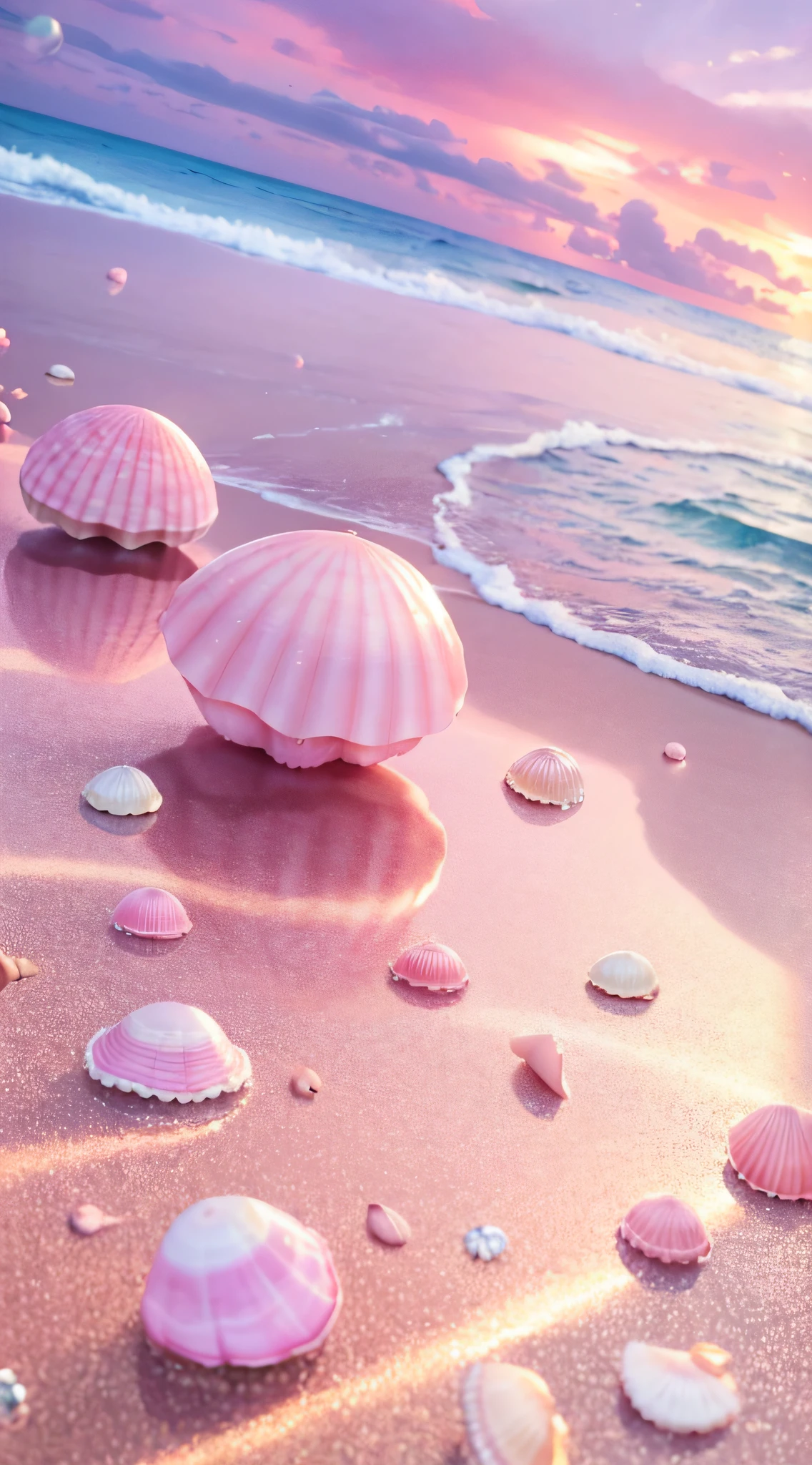 (8K, RAW photo, Best quality, masutepiece: 1.2), (Realistic, Realistic: 1.37) There are pink shells on the beach, there are waters, Pearlescent, pearls and shells, Soft spill, pearls, Pink jellyfish are everywhere, Soft 3D rendering, Ethereal bubbles, Bubble landscape, Elay shader, pastel pink, Pink reflections, Pearl Sky, shells, Paradise pink, Pastel colors, Pink pastels,