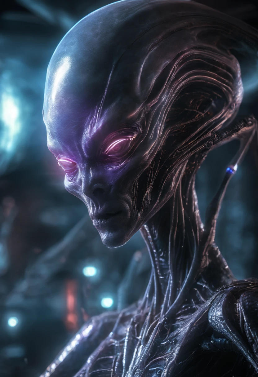 fantchar, a translucent ethereal alien with delicate features in a science fiction setting, brilhando por dentro, Sparks and lights, luar, lua, Close-up, Realistic, altamente detalhado, intrincado
