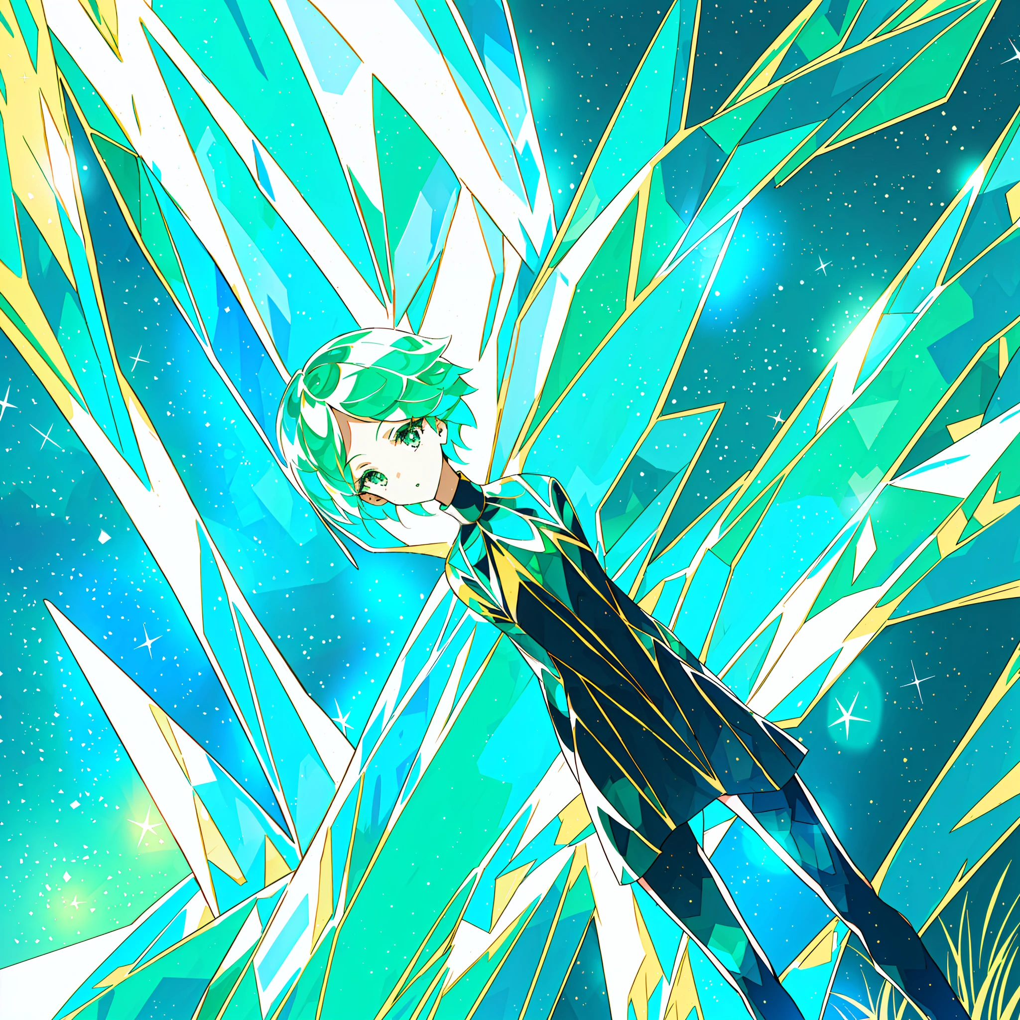 phosphophyllite, phos, 1girl, short_hair, green_hair, black_background, (shiny_hair:1.4), standing on the grass with hands behind her head, clear sky