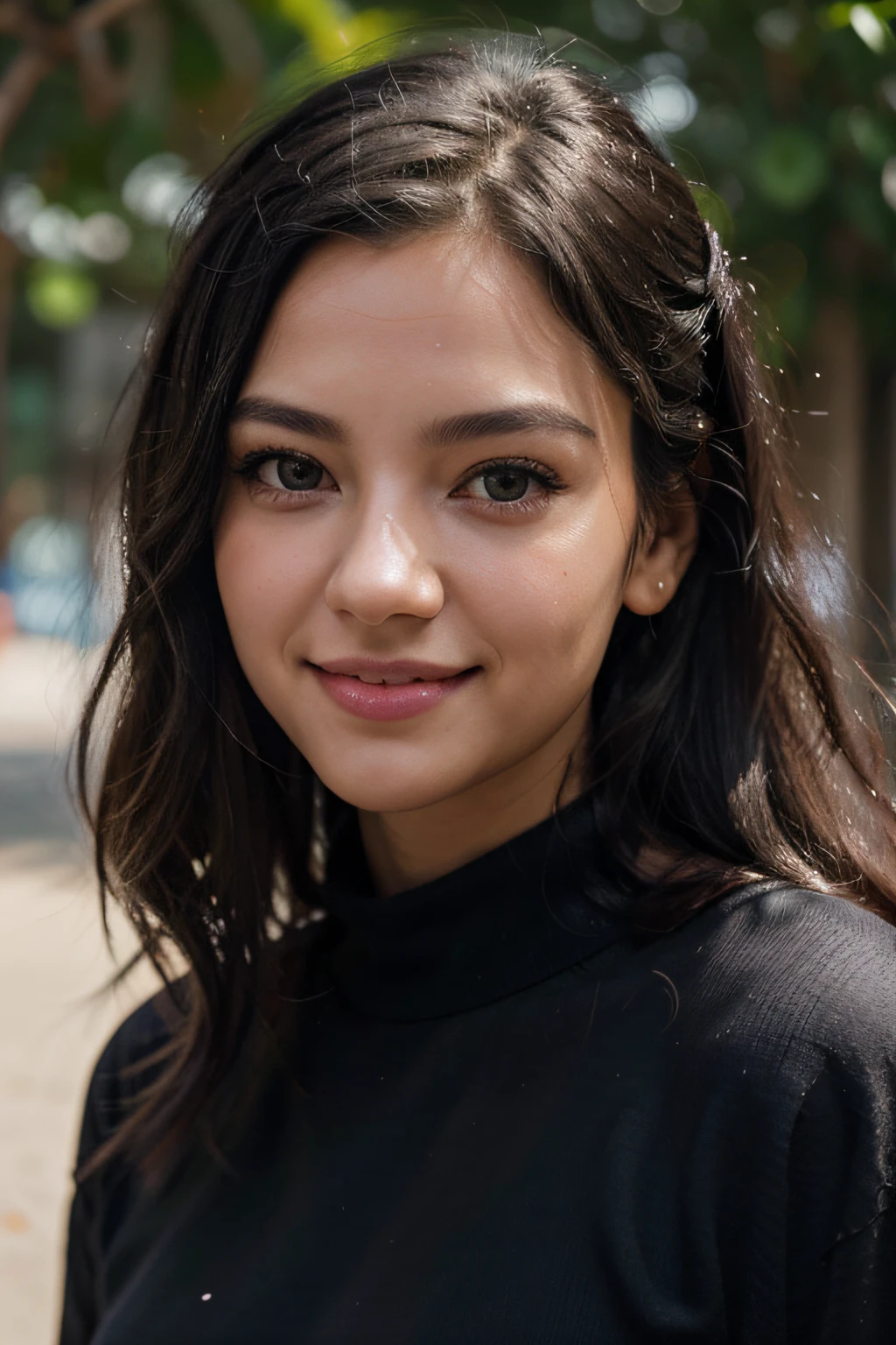 1 girl, black hair, hair bobbles, wince, longeyelashes, light smile, ear blush, fang, curly hair, very long hair, aqua eyes, light smile, Surrealism, drop shadow, stereogram, pov, atmospheric perspective, jpeg artifacts, 8k, super detail, accurate, best quality, super detail, high quality, best quality, highres, black shirt, ((headshot)), photo, face, front