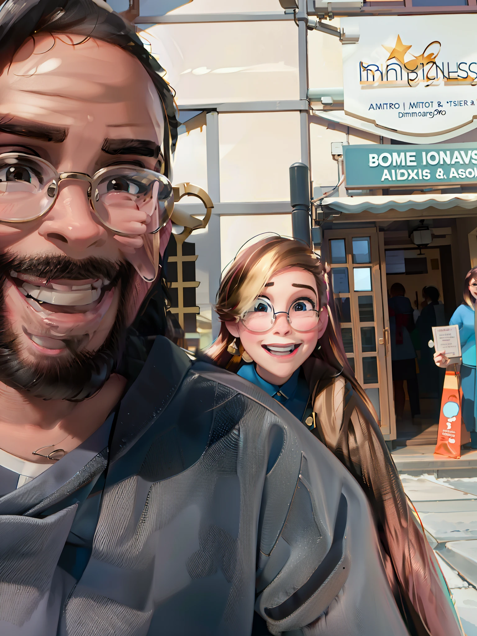 Smiling man and woman outside a building with a sign for a wine tasting, in front of the house, selfie shot straight on angle, in front of ramen shop, com nerd! glasses! e cavanhaque, both smiling for the camera, divertindo-se, em frente a uma casa de dois andares, circunstanciado!, Foto POV, staring directly at camera