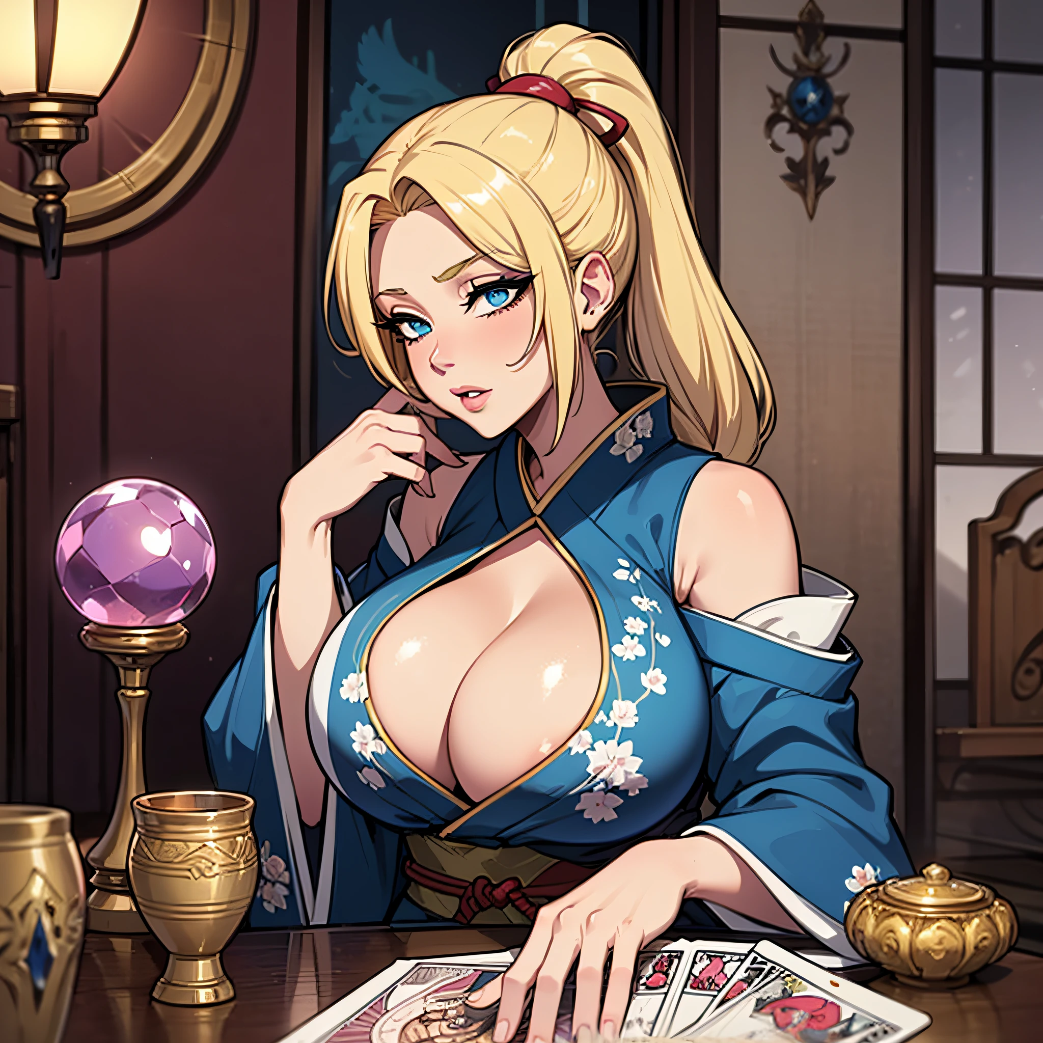 1 female with blonde ponytail, beautiful detailed eyes, blue eyes, wearing pink patterned kimono. Sitting at a table with Tarot cards and crystal ball, enormous boobs, large breasts, (CLEAVAGE), Loose open kimono